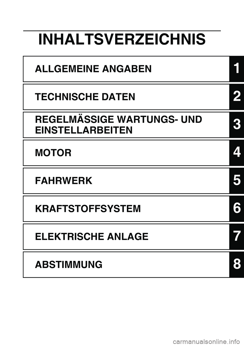 YAMAHA YZ450F 2011  Betriebsanleitungen (in German) INHALTSVERZEICHNIS
ALLGEMEINE ANGABEN1
TECHNISCHE DATEN2
REGELMÄSSIGE WARTUNGS- UND 
EINSTELLARBEITEN
3
MOTOR4
FAHRWERK5
KRAFTSTOFFSYSTEM6
ELEKTRISCHE ANLAGE7
ABSTIMMUNG8 