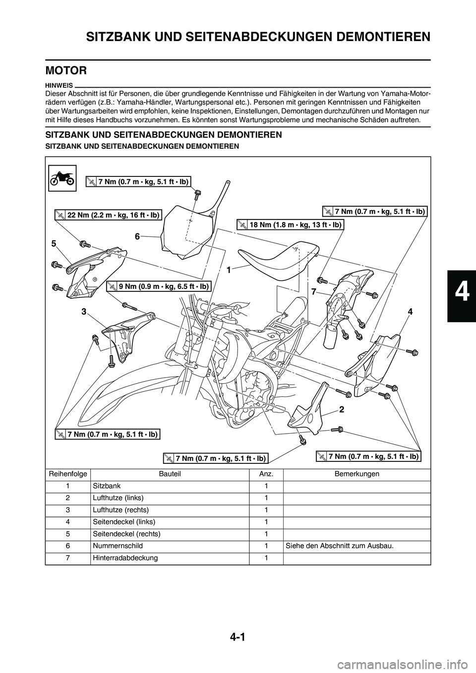 YAMAHA YZ450F 2011 Betriebsanleitungen (in German) 4-1
SITZBANK UND SEITENABDECKUNGEN DEMONTIEREN
MOTOR
Dieser Abschnitt ist für Personen, die über grundlegende Kenntnisse und Fähigkeiten in der Wartung von Yamaha-Motor-
rädern verfügen (z.B.: Ya YAMAHA YZ450F 2011 Betriebsanleitungen (in German) 4-1
SITZBANK UND SEITENABDECKUNGEN DEMONTIEREN
MOTOR
Dieser Abschnitt ist für Personen, die über grundlegende Kenntnisse und Fähigkeiten in der Wartung von Yamaha-Motor-
rädern verfügen (z.B.: Ya