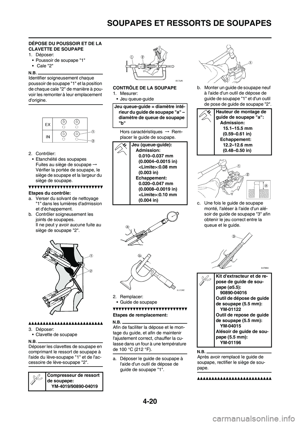 YAMAHA YZ450F 2011 Notices Demploi (in French) 4-20
SOUPAPES ET RESSORTS DE SOUPAPES
DÉPOSE DU POUSSOIR ET DE LA
CLAVETTE DE SOUPAPE
1. Déposer:
• Poussoir de soupape "1"
• Cale "2"
Identifier soigneusement chaque
poussoir de soupape "1" YAMAHA YZ450F 2011 Notices Demploi (in French) 4-20
SOUPAPES ET RESSORTS DE SOUPAPES
DÉPOSE DU POUSSOIR ET DE LA
CLAVETTE DE SOUPAPE
1. Déposer:
• Poussoir de soupape "1"
• Cale "2"
Identifier soigneusement chaque
poussoir de soupape "1"