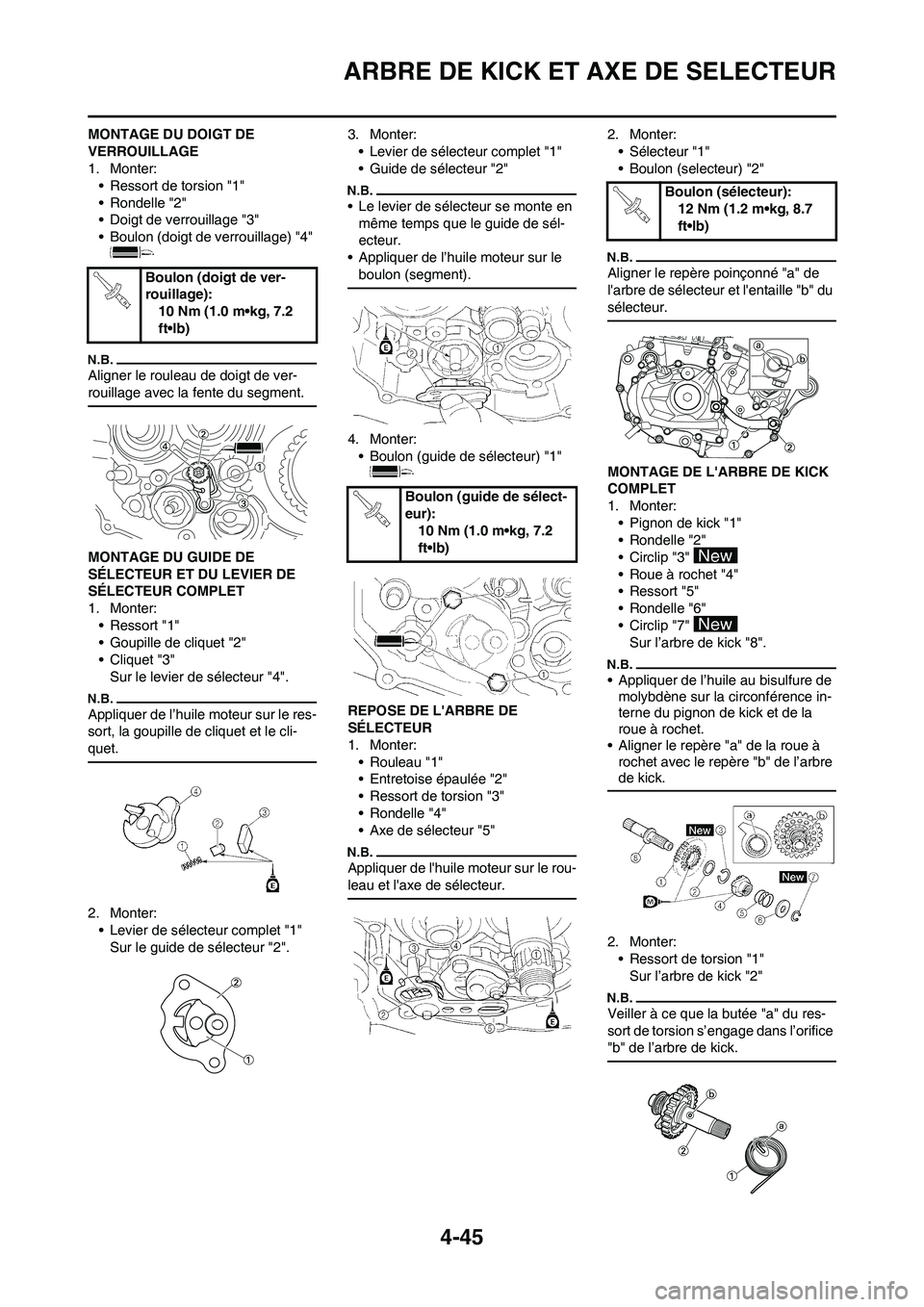 YAMAHA YZ450F 2011 Notices Demploi (in French) 4-45
ARBRE DE KICK ET AXE DE SELECTEUR
MONTAGE DU DOIGT DE
VERROUILLAGE
1. Monter:
• Ressort de torsion "1"
• Rondelle "2"
• Doigt de verrouillage "3"
• Boulon (doigt de verrouillage) "4"
Al YAMAHA YZ450F 2011 Notices Demploi (in French) 4-45
ARBRE DE KICK ET AXE DE SELECTEUR
MONTAGE DU DOIGT DE
VERROUILLAGE
1. Monter:
• Ressort de torsion "1"
• Rondelle "2"
• Doigt de verrouillage "3"
• Boulon (doigt de verrouillage) "4"
Al