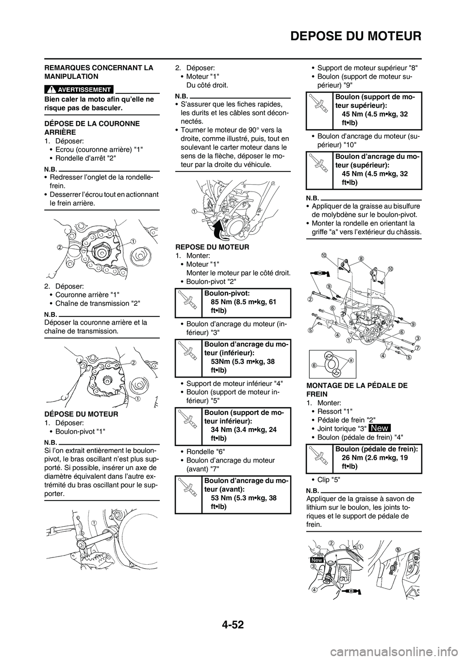 YAMAHA YZ450F 2011 Notices Demploi (in French) 4-52
DEPOSE DU MOTEUR
REMARQUES CONCERNANT LA
MANIPULATION
Bien caler la moto afin qu’elle ne
risque pas de basculer.
DÉPOSE DE LA COURONNE
ARRIÈRE
1. Déposer:
• Ecrou (couronne arrière) "1 YAMAHA YZ450F 2011 Notices Demploi (in French) 4-52
DEPOSE DU MOTEUR
REMARQUES CONCERNANT LA
MANIPULATION
Bien caler la moto afin qu’elle ne
risque pas de basculer.
DÉPOSE DE LA COURONNE
ARRIÈRE
1. Déposer:
• Ecrou (couronne arrière) "1