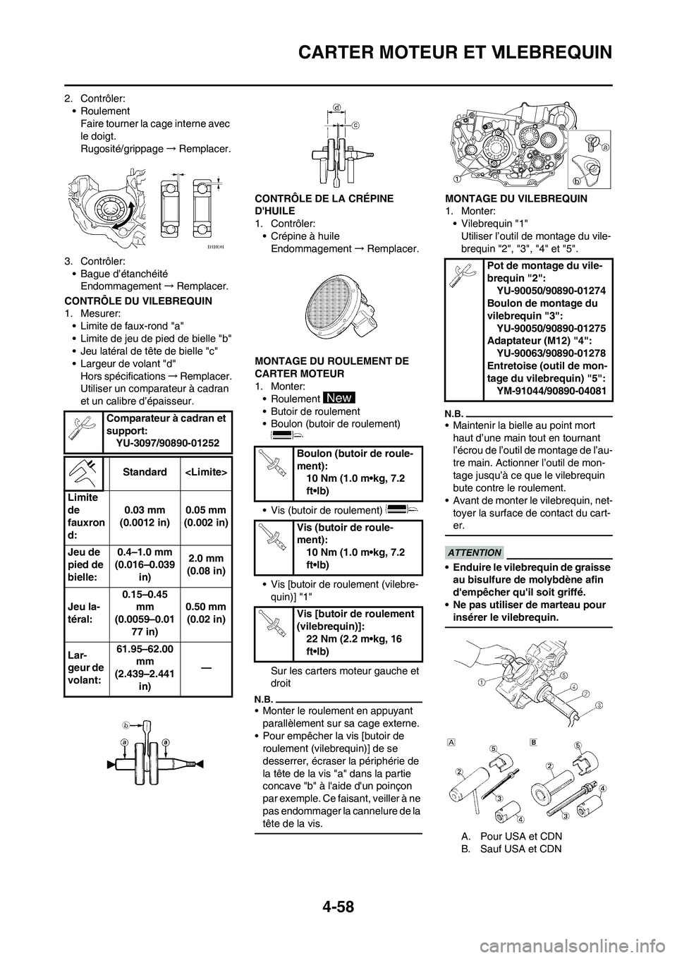 YAMAHA YZ450F 2011 Notices Demploi (in French) 4-58
CARTER MOTEUR ET VILEBREQUIN
2. Contrôler:
•Roulement
Faire tourner la cage interne avec
le doigt.
Rugosité/grippage→Remplacer.
3. Contrôler:
• Bague d’étanchéité
Endommagement→R YAMAHA YZ450F 2011 Notices Demploi (in French) 4-58
CARTER MOTEUR ET VILEBREQUIN
2. Contrôler:
•Roulement
Faire tourner la cage interne avec
le doigt.
Rugosité/grippage→Remplacer.
3. Contrôler:
• Bague d’étanchéité
Endommagement→R