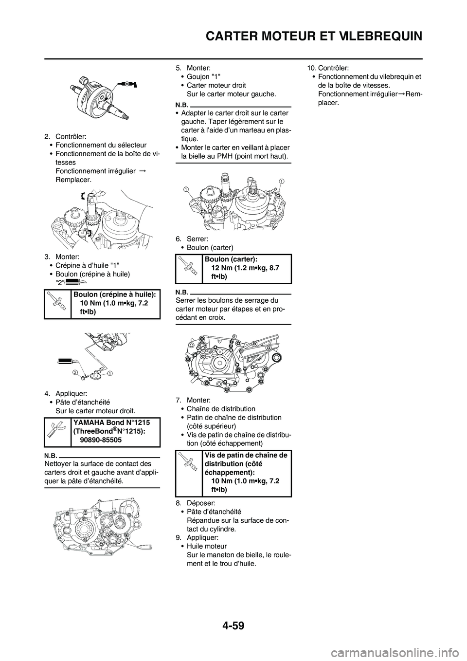 YAMAHA YZ450F 2011 Notices Demploi (in French) 4-59
CARTER MOTEUR ET VILEBREQUIN
2. Contrôler:
• Fonctionnement du sélecteur
• Fonctionnement de la boîte de vi-
tesses
Fonctionnement irrégulier →
Remplacer.
3. Monter:
• Crépine à dâ YAMAHA YZ450F 2011 Notices Demploi (in French) 4-59
CARTER MOTEUR ET VILEBREQUIN
2. Contrôler:
• Fonctionnement du sélecteur
• Fonctionnement de la boîte de vi-
tesses
Fonctionnement irrégulier →
Remplacer.
3. Monter:
• Crépine à dâ