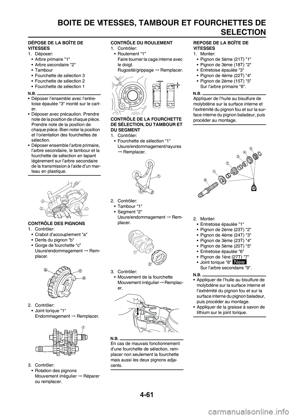 YAMAHA YZ450F 2011 Notices Demploi (in French) 4-61
BOITE DE VITESSES, TAMBOUR ET FOURCHETTES DE
SELECTION
DÉPOSE DE LA BOÎTE DE
VITESSES
1. Déposer:
• Arbre primaire "1"
• Arbre secondaire "2"
• Tambour
• Fourchette de sélection 3
†YAMAHA YZ450F 2011 Notices Demploi (in French) 4-61
BOITE DE VITESSES, TAMBOUR ET FOURCHETTES DE
SELECTION
DÉPOSE DE LA BOÎTE DE
VITESSES
1. Déposer:
• Arbre primaire "1"
• Arbre secondaire "2"
• Tambour
• Fourchette de sélection 3
â€