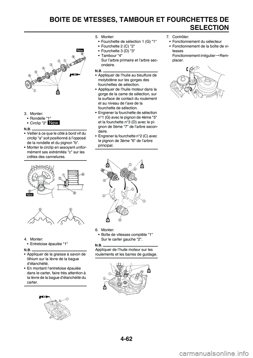 YAMAHA YZ450F 2011 Notices Demploi (in French) 4-62
BOITE DE VITESSES, TAMBOUR ET FOURCHETTES DE
SELECTION
3. Monter:
• Rondelle "1"
• Circlip "2"
• Veiller à ce que le côté à bord vif du
circlip "a" soit positionné à l’opposé
de YAMAHA YZ450F 2011 Notices Demploi (in French) 4-62
BOITE DE VITESSES, TAMBOUR ET FOURCHETTES DE
SELECTION
3. Monter:
• Rondelle "1"
• Circlip "2"
• Veiller à ce que le côté à bord vif du
circlip "a" soit positionné à l’opposé
de