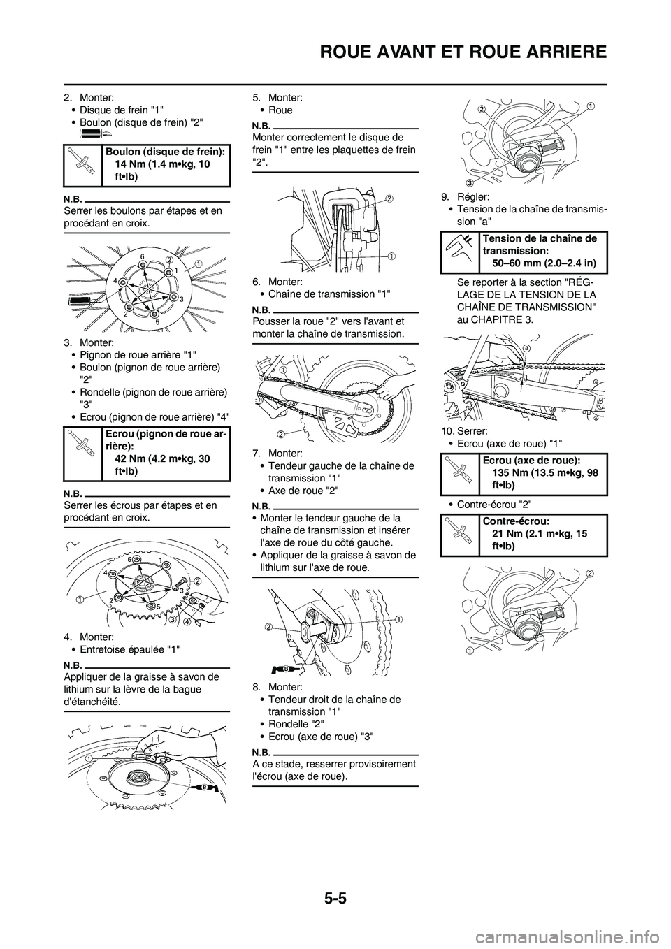 YAMAHA YZ450F 2011 Notices Demploi (in French) 5-5
ROUE AVANT ET ROUE ARRIERE
2. Monter:
• Disque de frein "1"
• Boulon (disque de frein) "2"
Serrer les boulons par étapes et en
procédant en croix.
3. Monter:
• Pignon de roue arrière "1 YAMAHA YZ450F 2011 Notices Demploi (in French) 5-5
ROUE AVANT ET ROUE ARRIERE
2. Monter:
• Disque de frein "1"
• Boulon (disque de frein) "2"
Serrer les boulons par étapes et en
procédant en croix.
3. Monter:
• Pignon de roue arrière "1
