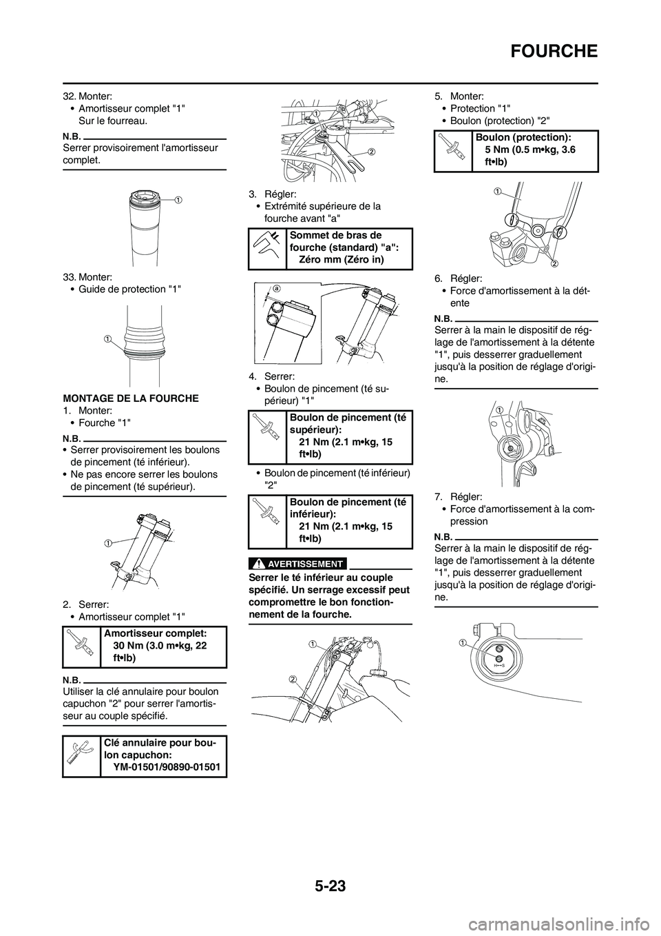 YAMAHA YZ450F 2011 Notices Demploi (in French) 5-23
FOURCHE
32. Monter:
• Amortisseur complet "1"
Sur le fourreau.
Serrer provisoirement lamortisseur
complet.
33. Monter:
• Guide de protection "1"
MONTAGE DE LA FOURCHE
1. Monter:
• Fourche YAMAHA YZ450F 2011 Notices Demploi (in French) 5-23
FOURCHE
32. Monter:
• Amortisseur complet "1"
Sur le fourreau.
Serrer provisoirement lamortisseur
complet.
33. Monter:
• Guide de protection "1"
MONTAGE DE LA FOURCHE
1. Monter:
• Fourche