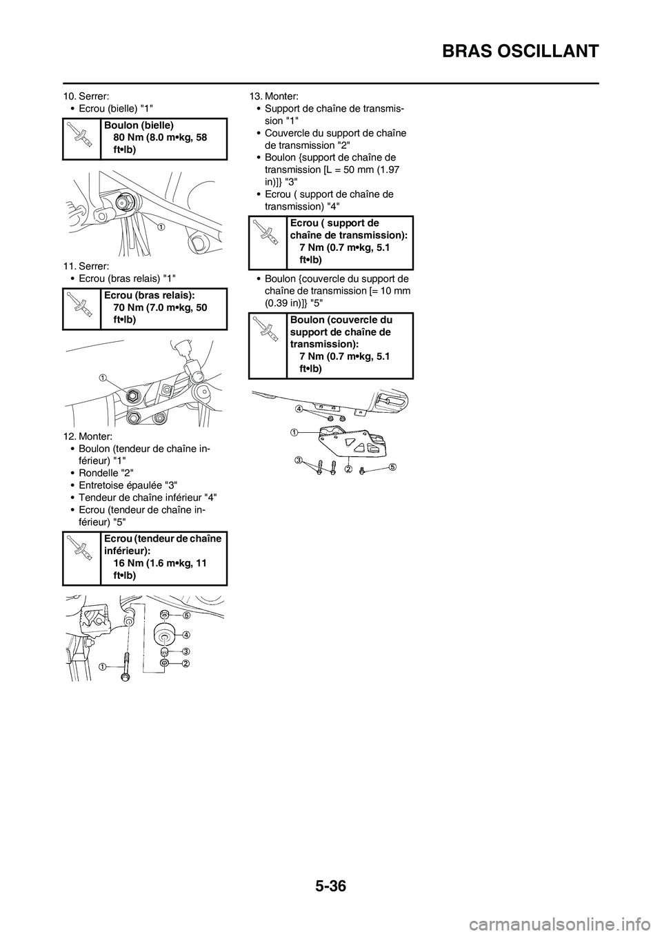 YAMAHA YZ450F 2011 Notices Demploi (in French) 5-36
BRAS OSCILLANT
10. Serrer:
• Ecrou (bielle) "1"
11. Serrer:
• Ecrou (bras relais) "1"
12. Monter:
• Boulon (tendeur de chaîne in-
férieur) "1"
• Rondelle "2"
• Entretoise épaulée "3 YAMAHA YZ450F 2011 Notices Demploi (in French) 5-36
BRAS OSCILLANT
10. Serrer:
• Ecrou (bielle) "1"
11. Serrer:
• Ecrou (bras relais) "1"
12. Monter:
• Boulon (tendeur de chaîne in-
férieur) "1"
• Rondelle "2"
• Entretoise épaulée "3