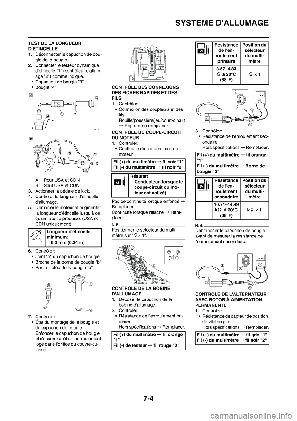 YAMAHA YZ450F 2011 Notices Demploi (in French) 7-4
SYSTEME D’ALLUMAGE
TEST DE LA LONGUEUR
D’ETINCELLE
1. Déconnecter le capuchon de bou-
gie de la bougie.
2. Connecter le testeur dynamique
détincelle "1" (contrôleur dallum-
age "2") com YAMAHA YZ450F 2011 Notices Demploi (in French) 7-4
SYSTEME D’ALLUMAGE
TEST DE LA LONGUEUR
D’ETINCELLE
1. Déconnecter le capuchon de bou-
gie de la bougie.
2. Connecter le testeur dynamique
détincelle "1" (contrôleur dallum-
age "2") com