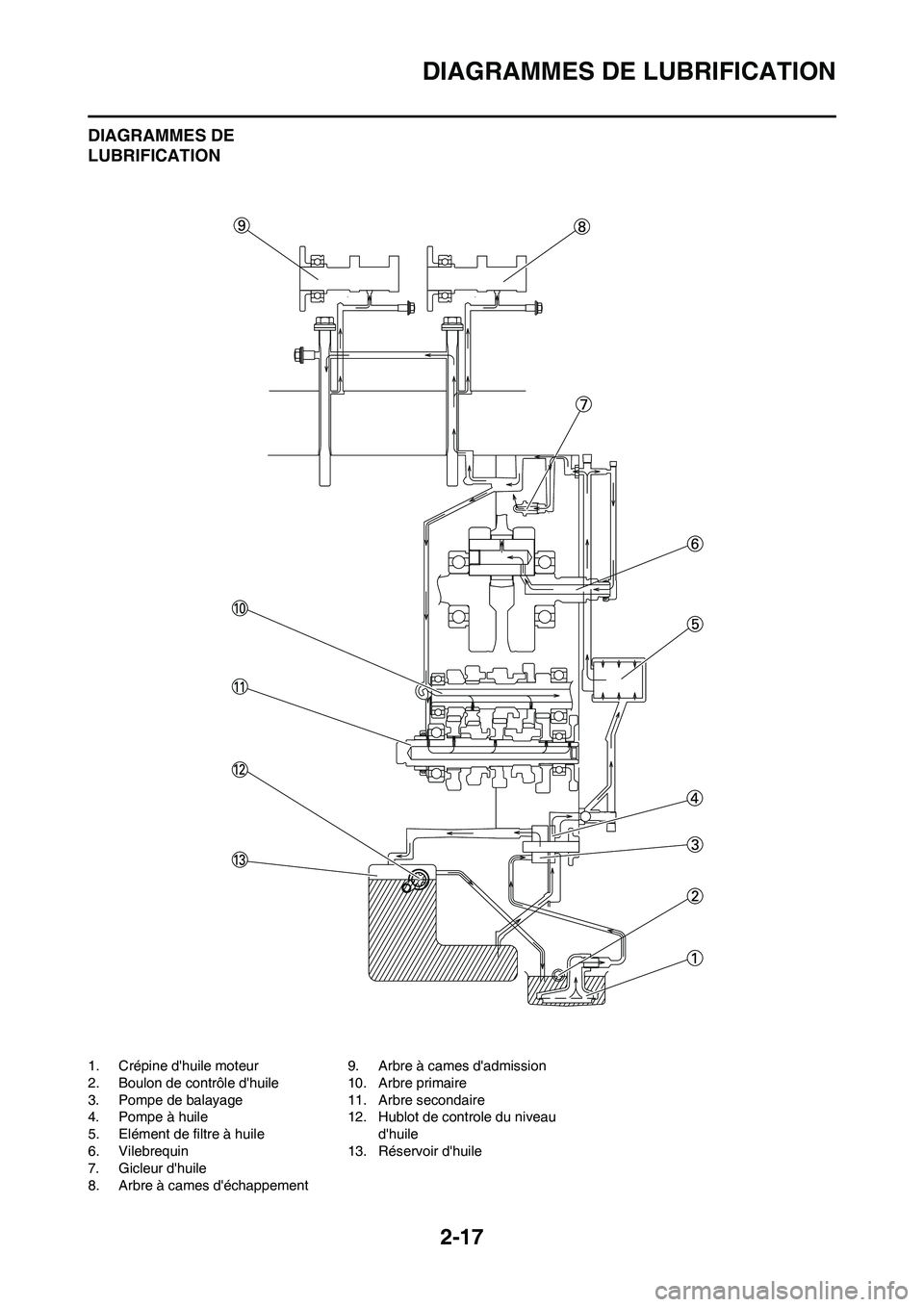 YAMAHA YZ450F 2011  Notices Demploi (in French) 2-17
DIAGRAMMES DE LUBRIFICATION
DIAGRAMMES DE 
LUBRIFICATION
1. Crépine dhuile moteur
2. Boulon de contrôle dhuile
3. Pompe de balayage
4. Pompe à huile
5. Elément de filtre à huile
6. Vilebre