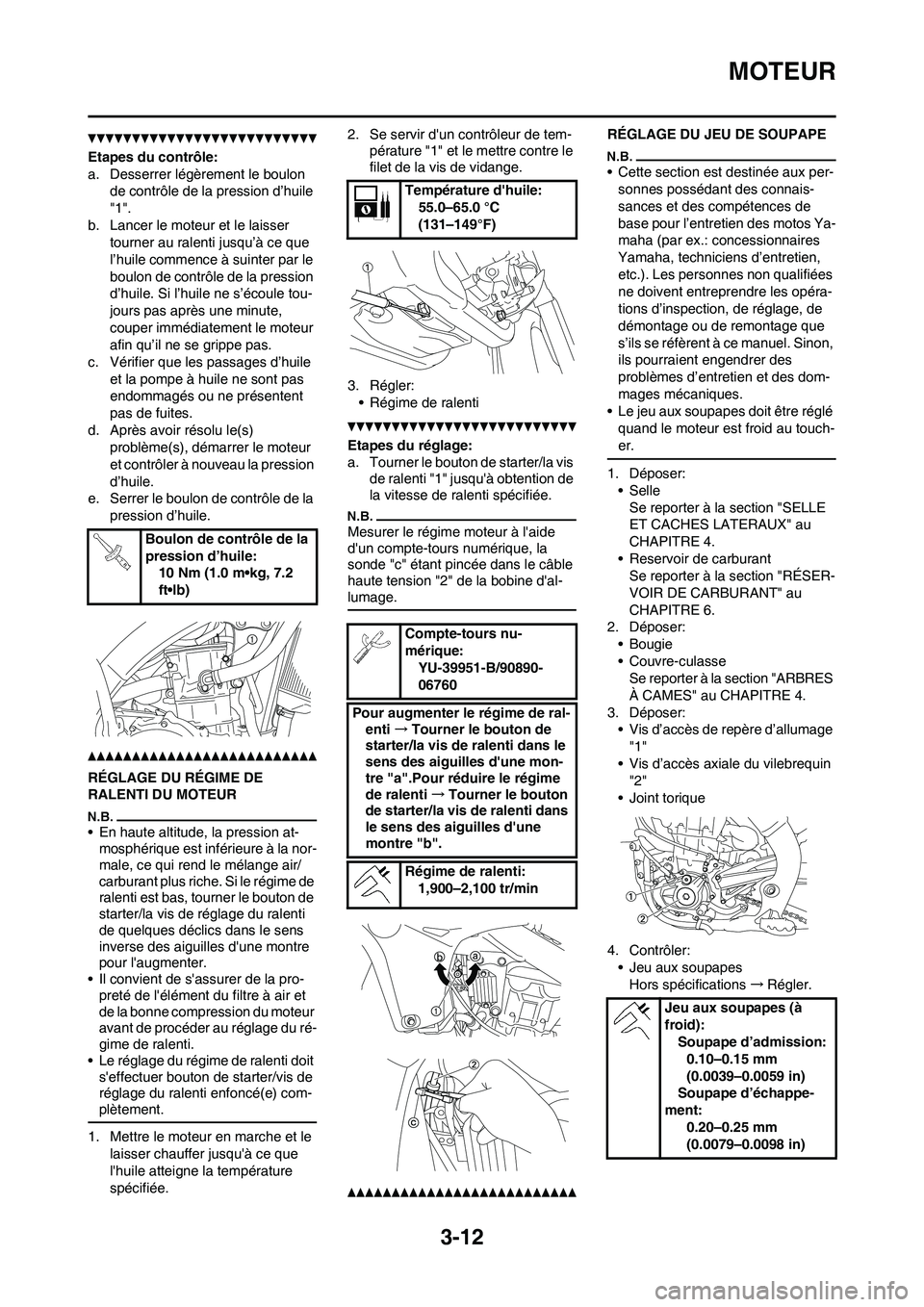 YAMAHA YZ450F 2011 Notices Demploi (in French) 3-12
MOTEUR
Etapes du contrôle:
a. Desserrer légèrement le boulon
de contrôle de la pression d’huile
"1".
b. Lancer le moteur et le laisser
tourner au ralenti jusqu’à ce que
l’huile com YAMAHA YZ450F 2011 Notices Demploi (in French) 3-12
MOTEUR
Etapes du contrôle:
a. Desserrer légèrement le boulon
de contrôle de la pression d’huile
"1".
b. Lancer le moteur et le laisser
tourner au ralenti jusqu’à ce que
l’huile com