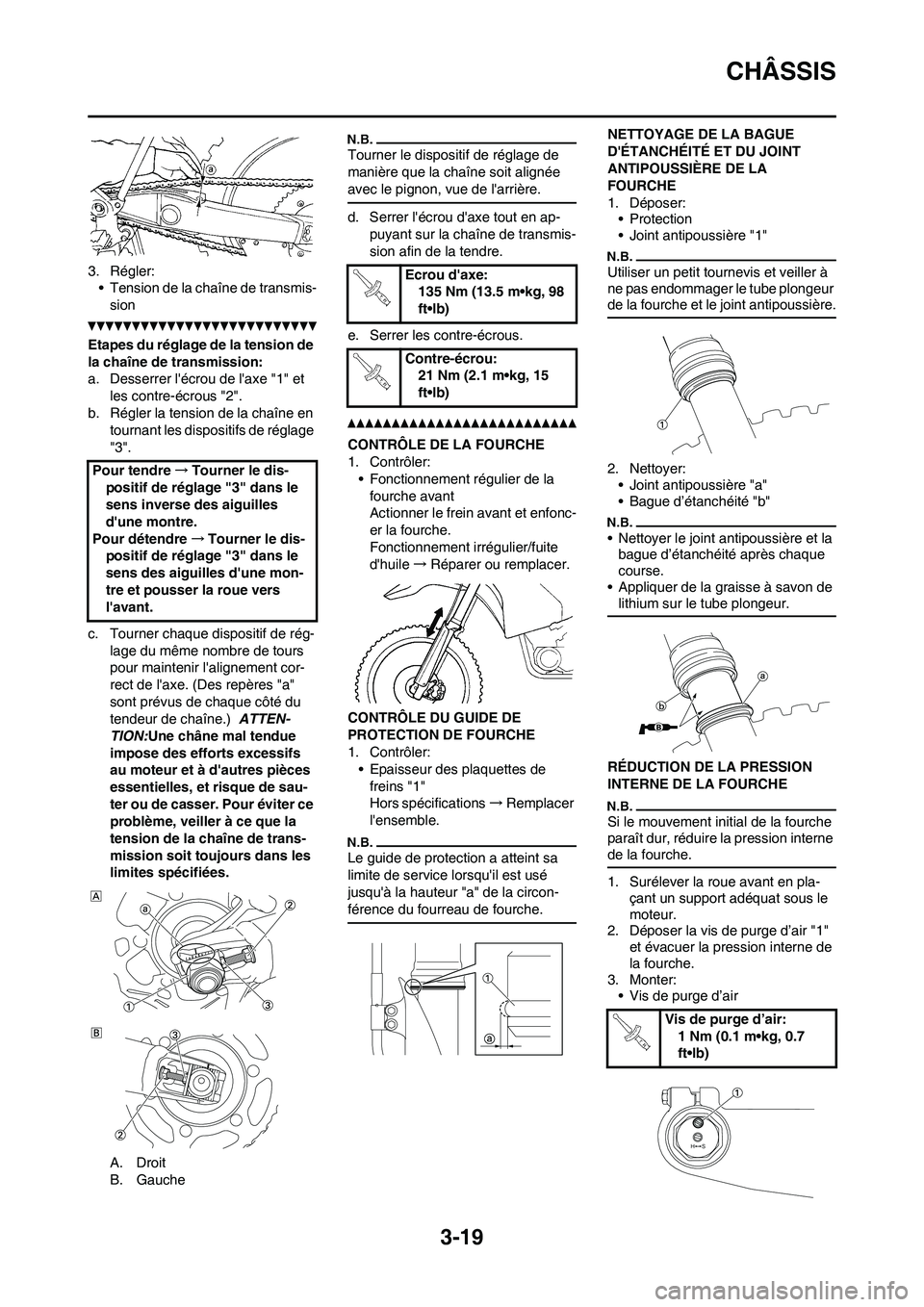 YAMAHA YZ450F 2011 Notices Demploi (in French) 3-19
CHÂSSIS
3. Régler:
• Tension de la chaîne de transmis-
sion
Etapes du réglage de la tension de
la chaîne de transmission:
a. Desserrer lécrou de laxe "1" et
les contre-écrous "2".
b. YAMAHA YZ450F 2011 Notices Demploi (in French) 3-19
CHÂSSIS
3. Régler:
• Tension de la chaîne de transmis-
sion
Etapes du réglage de la tension de
la chaîne de transmission:
a. Desserrer lécrou de laxe "1" et
les contre-écrous "2".
b.