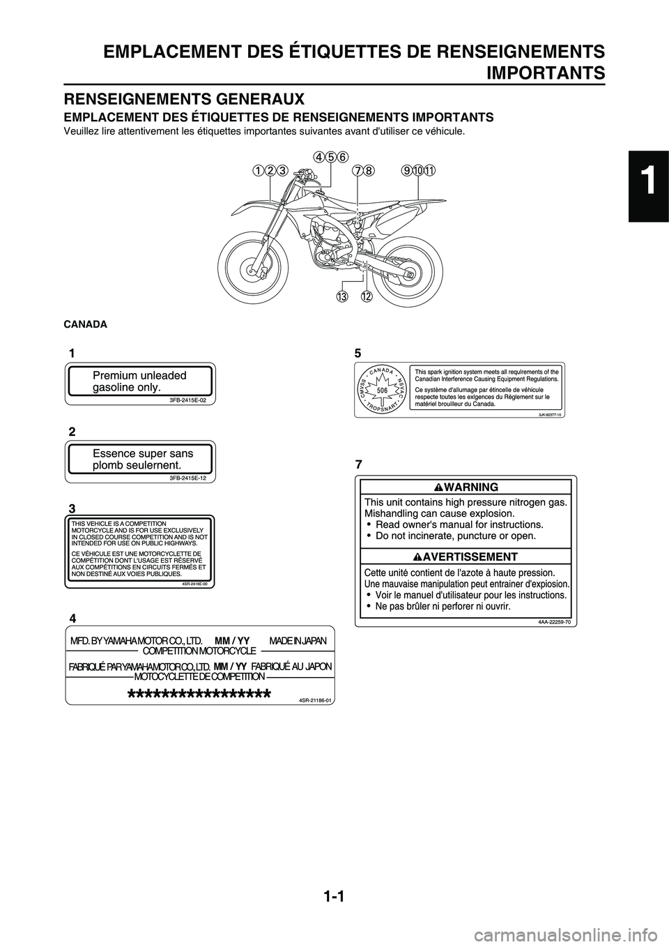 YAMAHA YZ450F 2011 Notices Demploi (in French) 1-1
EMPLACEMENT DES ÉTIQUETTES DE RENSEIGNEMENTS
IMPORTANTS
RENSEIGNEMENTS GENERAUX
EMPLACEMENT DES ÉTIQUETTES DE RENSEIGNEMENTS IMPORTANTS
Veuillez lire attentivement les étiquettes importantes su YAMAHA YZ450F 2011 Notices Demploi (in French) 1-1
EMPLACEMENT DES ÉTIQUETTES DE RENSEIGNEMENTS
IMPORTANTS
RENSEIGNEMENTS GENERAUX
EMPLACEMENT DES ÉTIQUETTES DE RENSEIGNEMENTS IMPORTANTS
Veuillez lire attentivement les étiquettes importantes su
