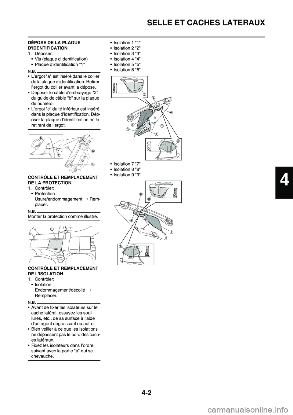 YAMAHA YZ450F 2011 Notices Demploi (in French) 4-2
SELLE ET CACHES LATERAUX
DÉPOSE DE LA PLAQUE
DIDENTIFICATION
1. Déposer:
• Vis (plaque d’identification)
• Plaque d’identification "1"
• L’ergot "a" est inséré dans le collier
d YAMAHA YZ450F 2011 Notices Demploi (in French) 4-2
SELLE ET CACHES LATERAUX
DÉPOSE DE LA PLAQUE
DIDENTIFICATION
1. Déposer:
• Vis (plaque d’identification)
• Plaque d’identification "1"
• L’ergot "a" est inséré dans le collier
d