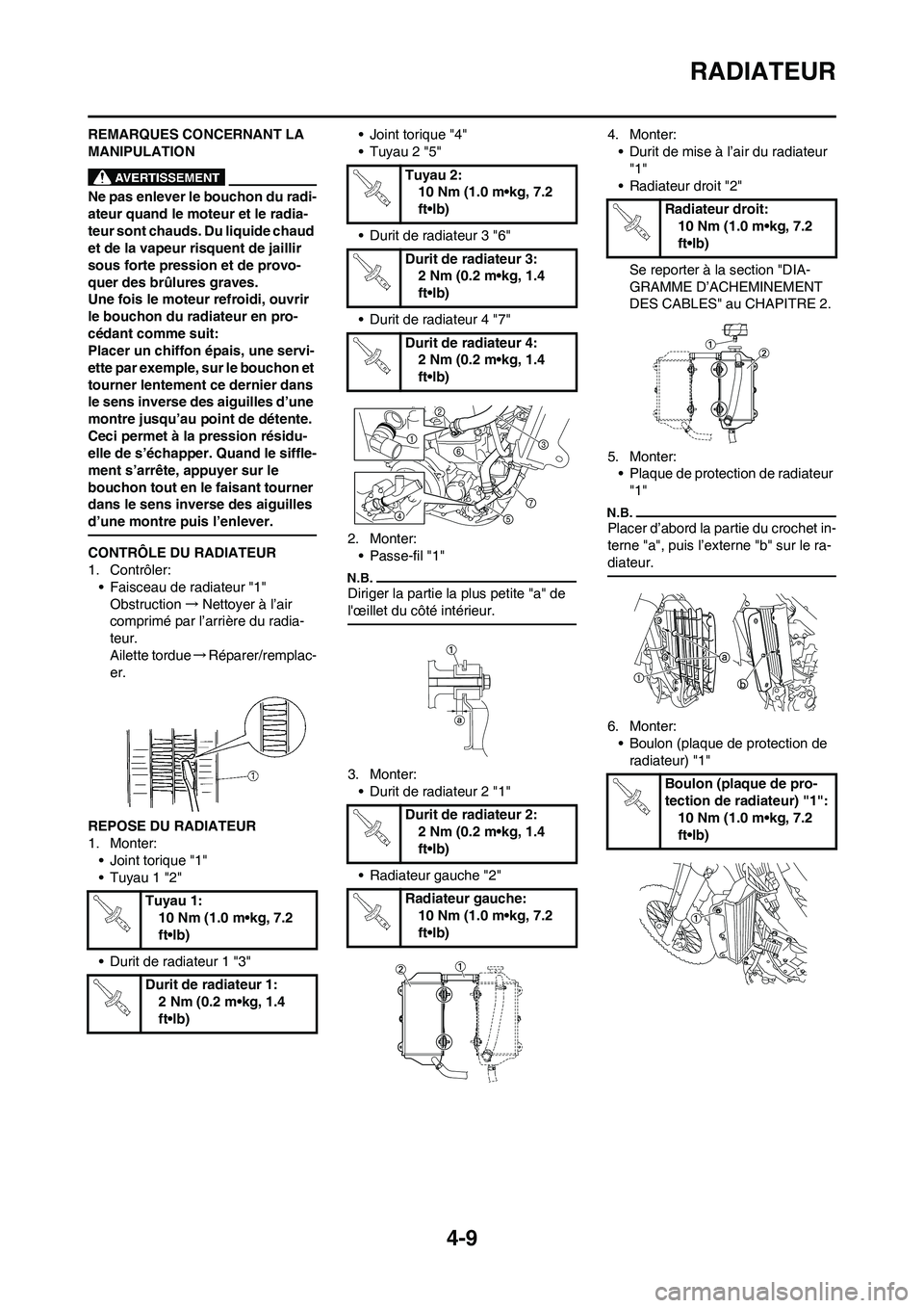 YAMAHA YZ450F 2011 Notices Demploi (in French) 4-9
RADIATEUR
REMARQUES CONCERNANT LA
MANIPULATION
Ne pas enlever le bouchon du radi-
ateur quand le moteur et le radia-
teur sont chauds. Du liquide chaud
et de la vapeur risquent de jaillir
sous YAMAHA YZ450F 2011 Notices Demploi (in French) 4-9
RADIATEUR
REMARQUES CONCERNANT LA
MANIPULATION
Ne pas enlever le bouchon du radi-
ateur quand le moteur et le radia-
teur sont chauds. Du liquide chaud
et de la vapeur risquent de jaillir
sous