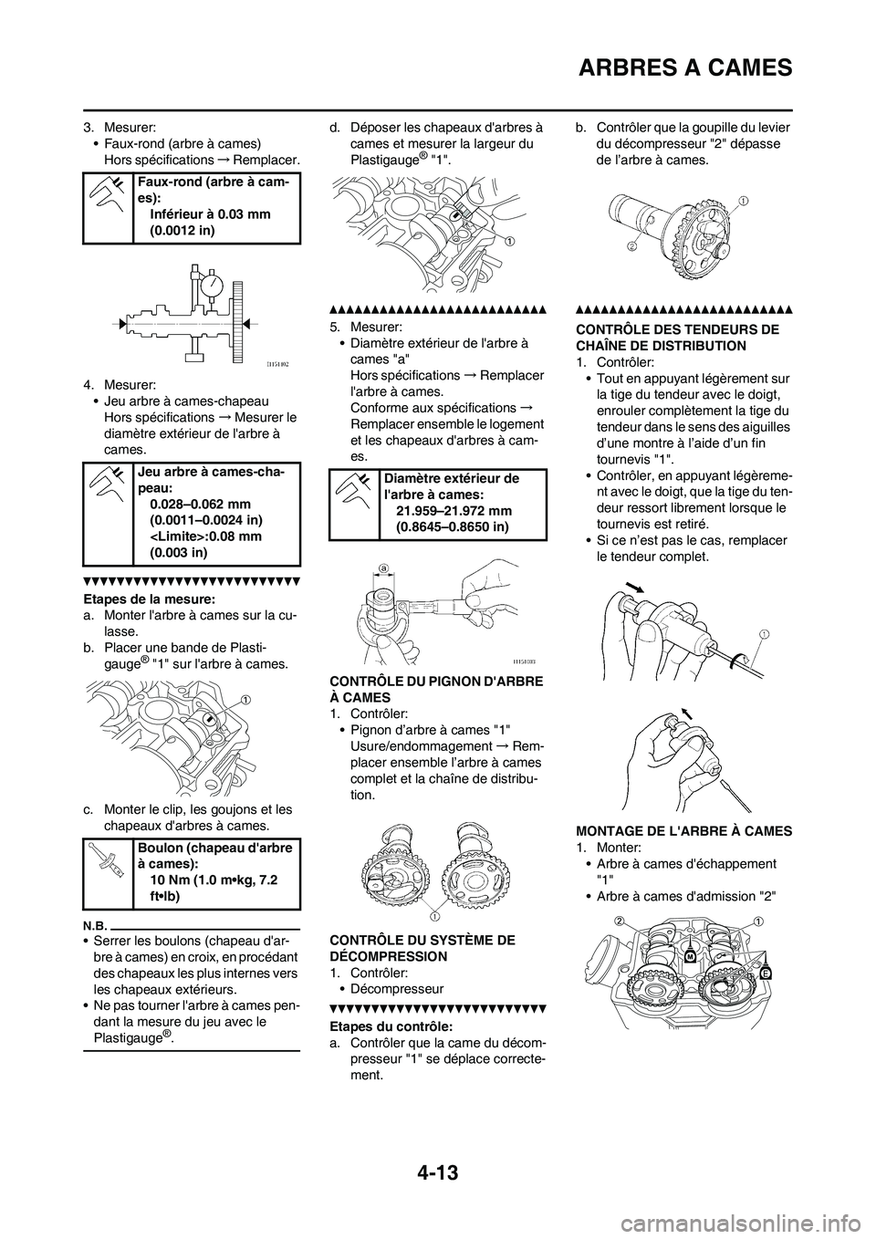 YAMAHA YZ450F 2011 Notices Demploi (in French) 4-13
ARBRES A CAMES
3. Mesurer:
• Faux-rond (arbre à cames)
Hors spécifications→Remplacer.
4. Mesurer:
• Jeu arbre à cames-chapeau
Hors spécifications→Mesurer le
diamètre extérieur de l YAMAHA YZ450F 2011 Notices Demploi (in French) 4-13
ARBRES A CAMES
3. Mesurer:
• Faux-rond (arbre à cames)
Hors spécifications→Remplacer.
4. Mesurer:
• Jeu arbre à cames-chapeau
Hors spécifications→Mesurer le
diamètre extérieur de l