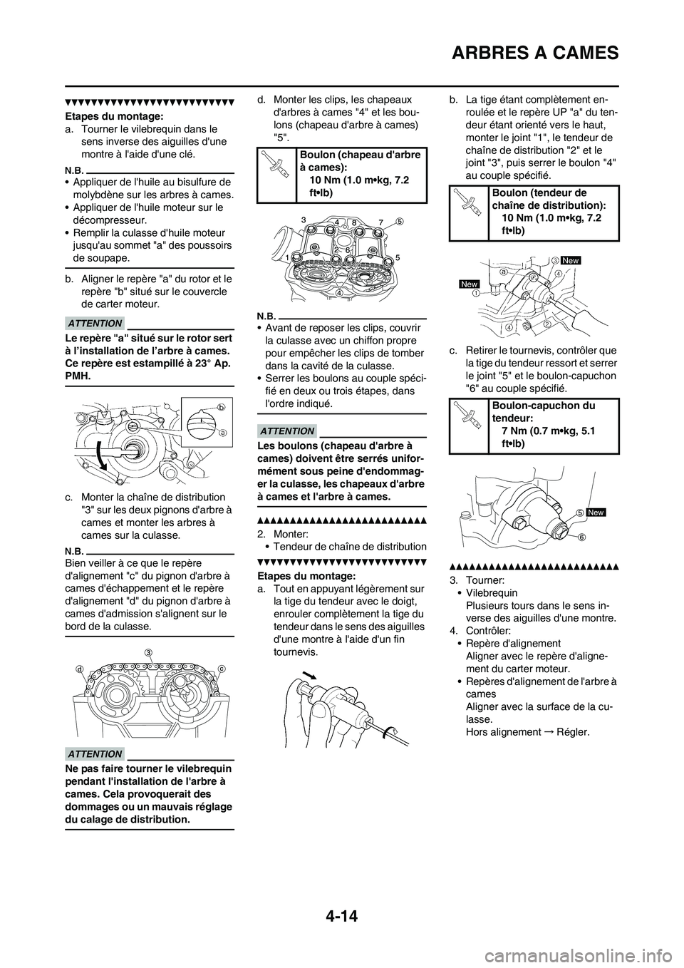 YAMAHA YZ450F 2011 Notices Demploi (in French)
4-14
ARBRES A CAMES
Etapes du montage:
a. Tourner le vilebrequin dans le sens inverse des aiguilles dune
montre à laide dune clé.
• Appliquer de lhuile au bisulfure de molybdène sur les arb YAMAHA YZ450F 2011 Notices Demploi (in French)
4-14
ARBRES A CAMES
Etapes du montage:
a. Tourner le vilebrequin dans le sens inverse des aiguilles dune
montre à laide dune clé.
• Appliquer de lhuile au bisulfure de molybdène sur les arb