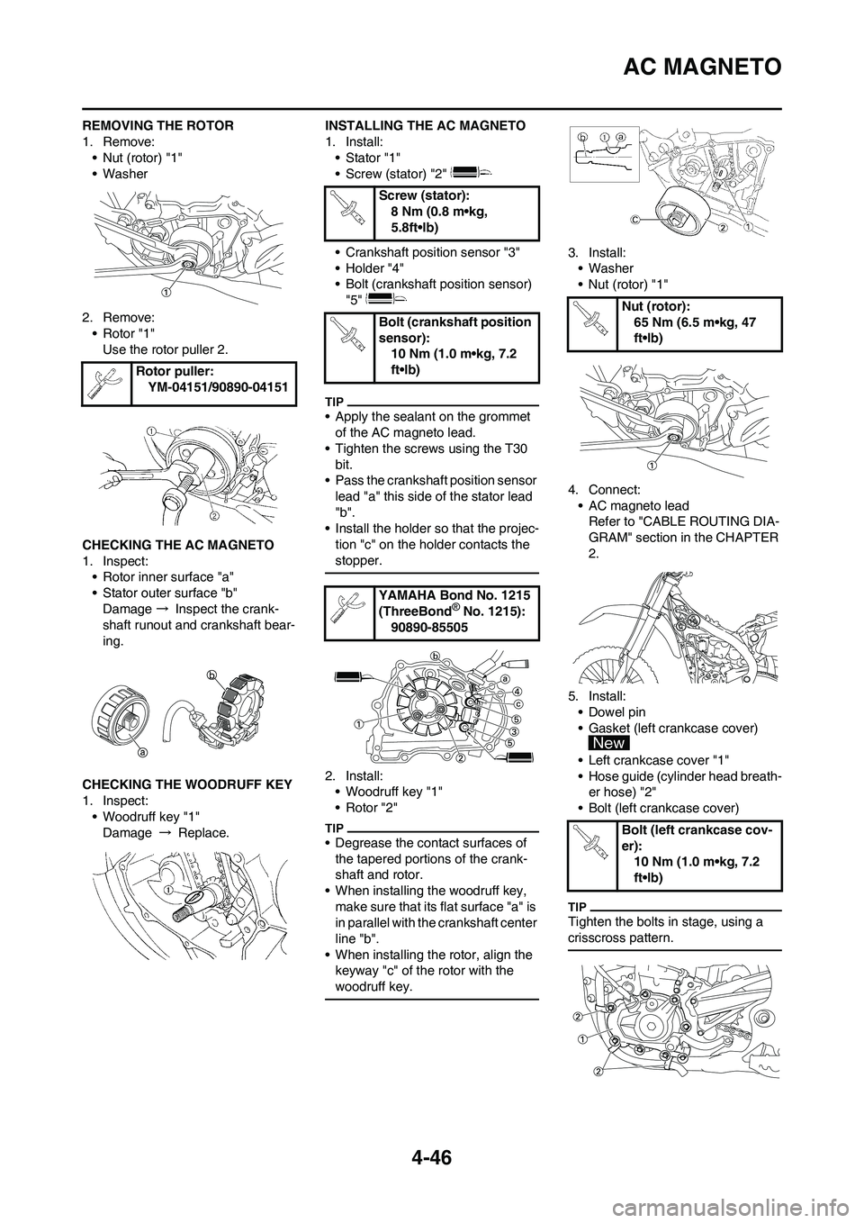 YAMAHA YZ450F 2010 User Guide 4-46
AC MAGNETO
REMOVING THE ROTOR
1. Remove:
• Nut (rotor) "1"
• Washer
2. Remove:
• Rotor "1"
Use the rotor puller 2.
CHECKING THE AC MAGNETO
1. Inspect:
• Rotor inner surface "a"
• Stator YAMAHA YZ450F 2010 User Guide 4-46
AC MAGNETO
REMOVING THE ROTOR
1. Remove:
• Nut (rotor) "1"
• Washer
2. Remove:
• Rotor "1"
Use the rotor puller 2.
CHECKING THE AC MAGNETO
1. Inspect:
• Rotor inner surface "a"
• Stator