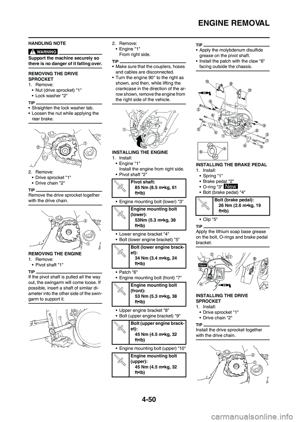 YAMAHA YZ450F 2010 Workshop Manual 4-50
ENGINE REMOVAL
HANDLING NOTE
Support the machine securely so
there is no danger of it falling over.
REMOVING THE DRIVE
SPROCKET
1. Remove:
• Nut (drive sprocket) "1"
• Lock washer "2"
• S YAMAHA YZ450F 2010 Workshop Manual 4-50
ENGINE REMOVAL
HANDLING NOTE
Support the machine securely so
there is no danger of it falling over.
REMOVING THE DRIVE
SPROCKET
1. Remove:
• Nut (drive sprocket) "1"
• Lock washer "2"
• S