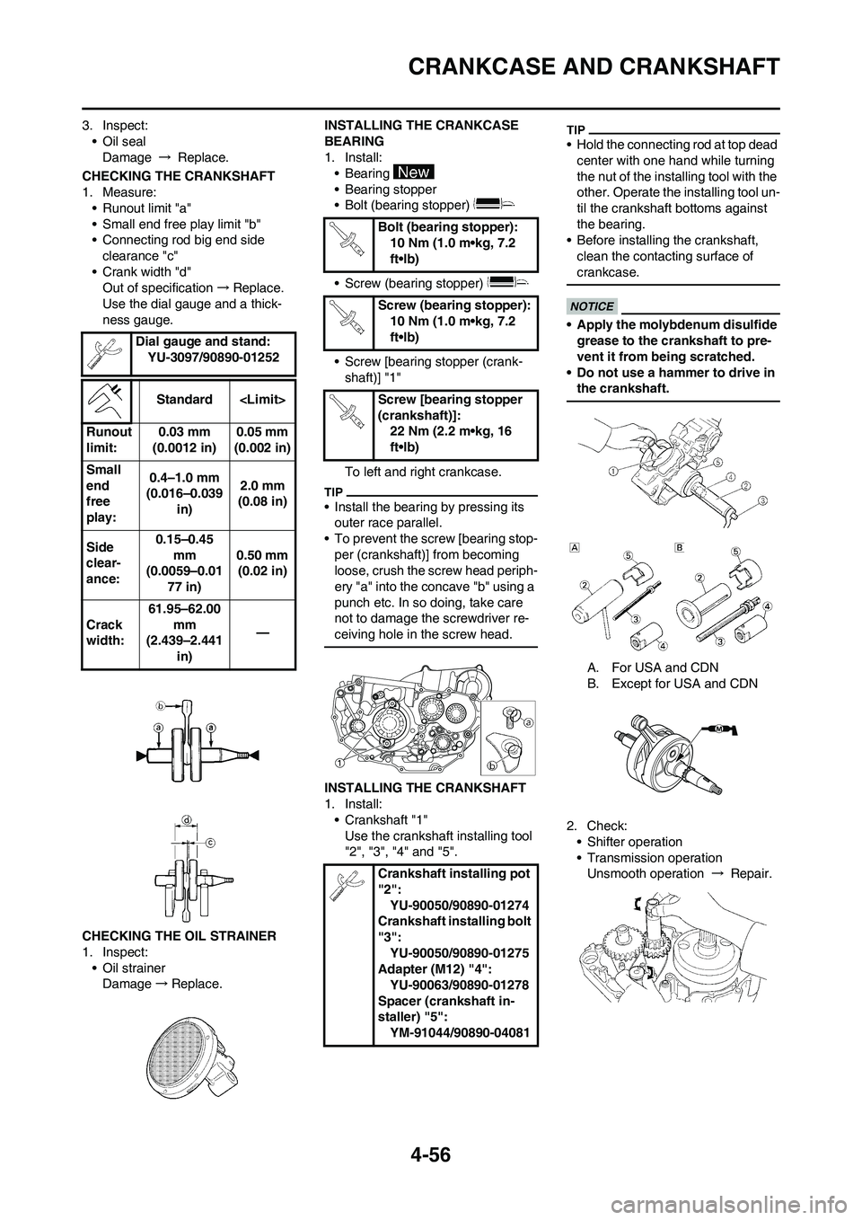 YAMAHA YZ450F 2010 Owners Manual 4-56
CRANKCASE AND CRANKSHAFT
3. Inspect:
• Oil seal
Damage → Replace.
CHECKING THE CRANKSHAFT
1. Measure:
• Runout limit "a"
• Small end free play limit "b"
• Connecting rod big end side
c YAMAHA YZ450F 2010 Owners Manual 4-56
CRANKCASE AND CRANKSHAFT
3. Inspect:
• Oil seal
Damage → Replace.
CHECKING THE CRANKSHAFT
1. Measure:
• Runout limit "a"
• Small end free play limit "b"
• Connecting rod big end side
c