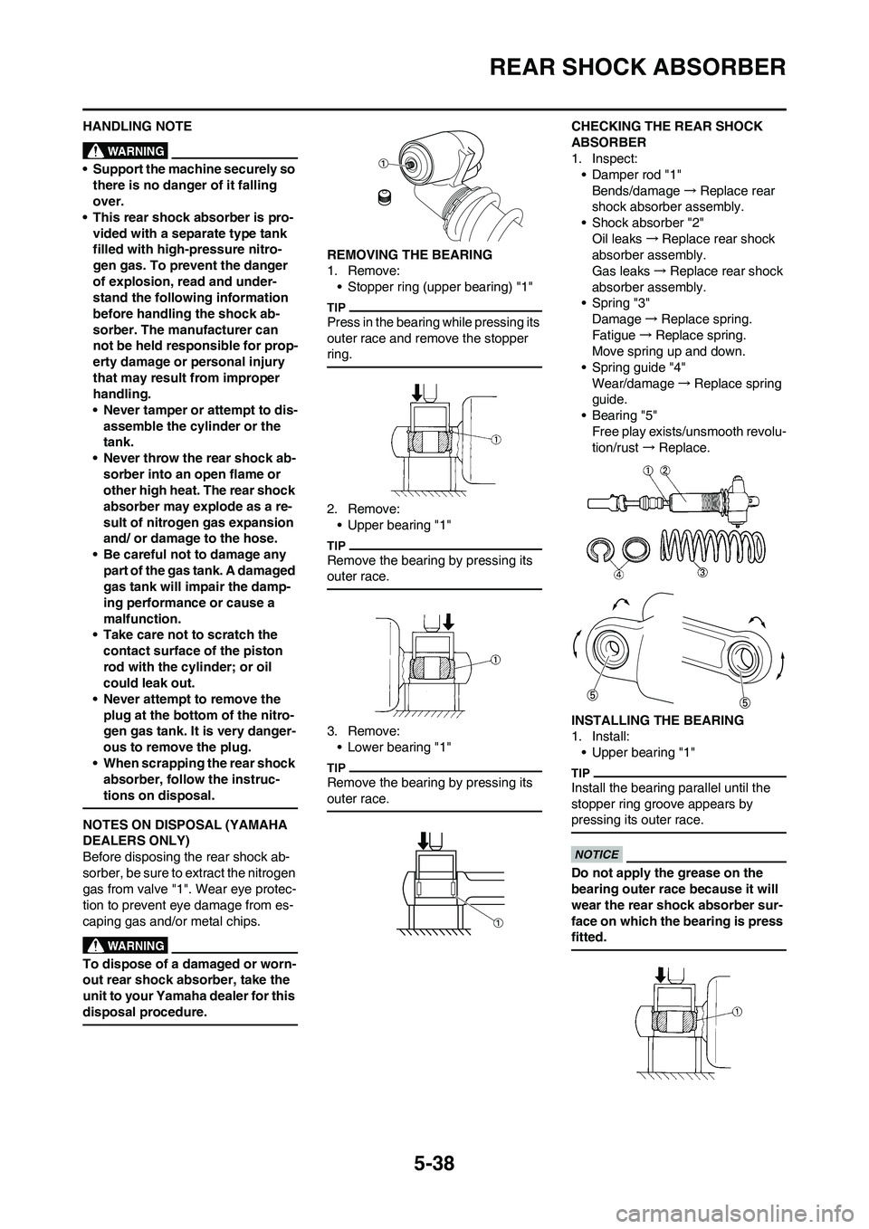 YAMAHA YZ450F 2010  Owners Manual 5-38
REAR SHOCK ABSORBER
HANDLING NOTE
• Support the machine securely so 
there is no danger of it falling 
over.
• This rear shock absorber is pro-
vided with a separate type tank 
filled with hi