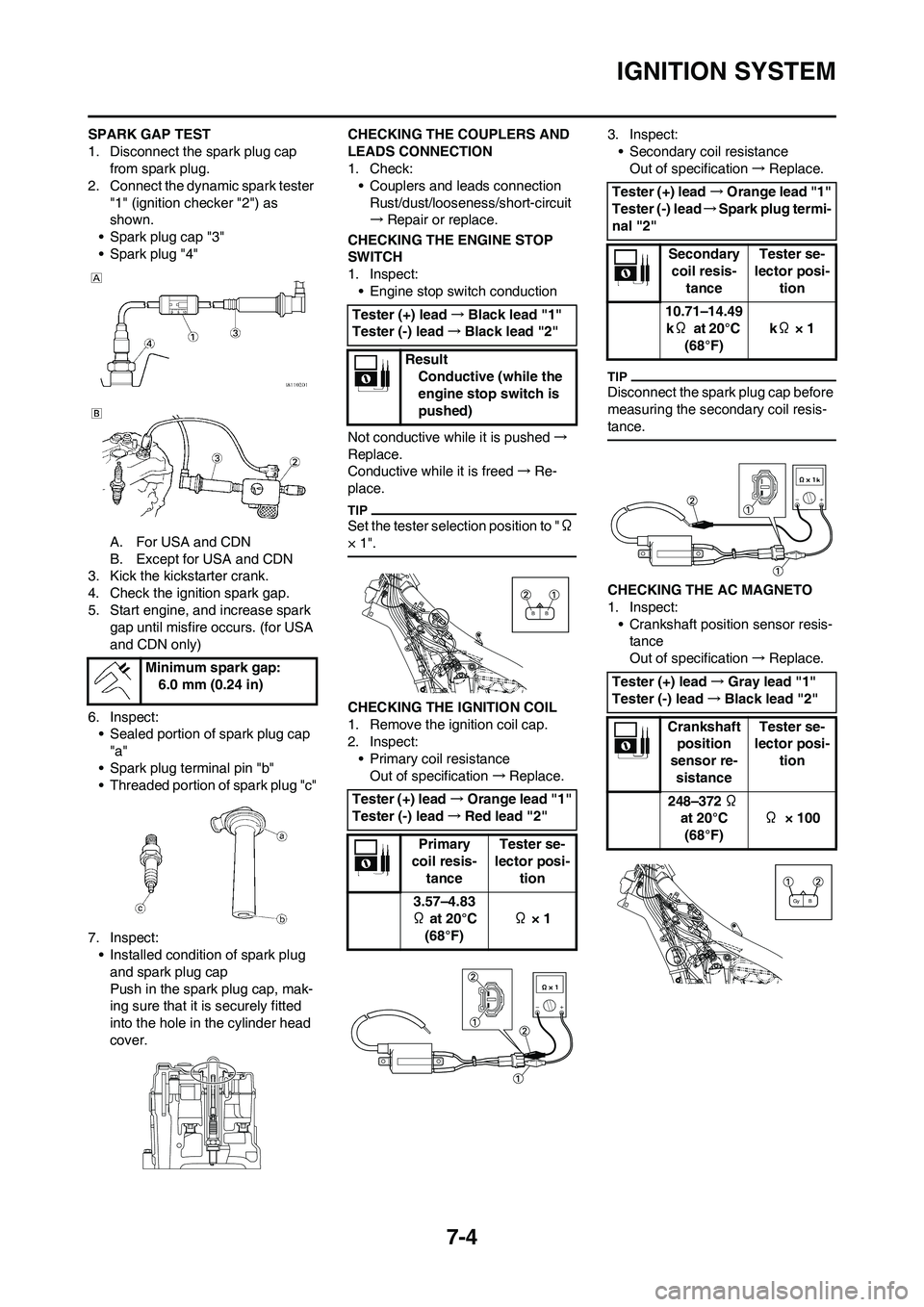 YAMAHA YZ450F 2010 User Guide 7-4
IGNITION SYSTEM
SPARK GAP TEST
1. Disconnect the spark plug cap
from spark plug.
2. Connect the dynamic spark tester
"1" (ignition checker "2") as
shown.
• Spark plug cap "3"
• Spark plug " YAMAHA YZ450F 2010 User Guide 7-4
IGNITION SYSTEM
SPARK GAP TEST
1. Disconnect the spark plug cap
from spark plug.
2. Connect the dynamic spark tester
"1" (ignition checker "2") as
shown.
• Spark plug cap "3"
• Spark plug "