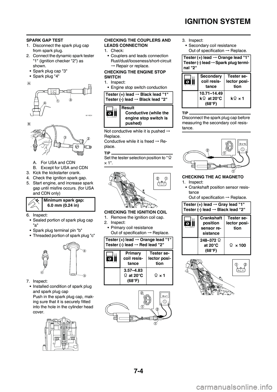 YAMAHA YZ450F 2010  Owners Manual 7-4
IGNITION SYSTEM
SPARK GAP TEST
1. Disconnect the spark plug cap 
from spark plug.
2. Connect the dynamic spark tester 
"1" (ignition checker "2") as 
shown.
• Spark plug cap "3"
• Spark plug "