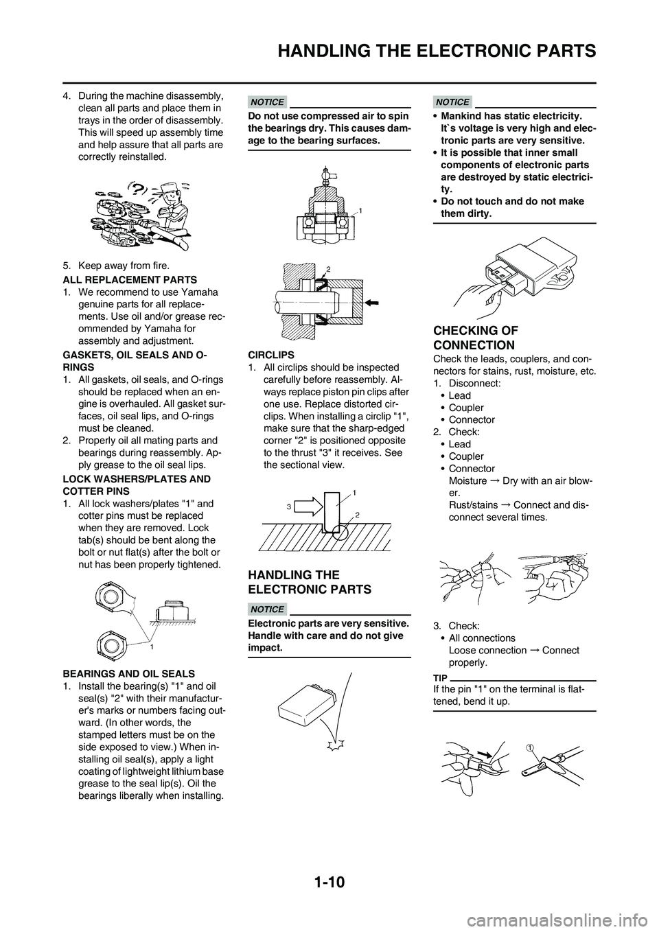 YAMAHA YZ450F 2010 User Guide 1-10
HANDLING THE ELECTRONIC PARTS
4. During the machine disassembly, 
clean all parts and place them in 
trays in the order of disassembly. 
This will speed up assembly time 
and help assure that all