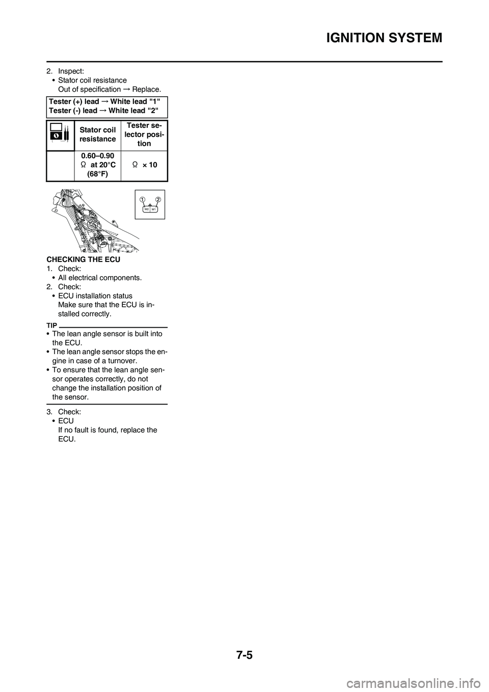 YAMAHA YZ450F 2010 User Guide 7-5
IGNITION SYSTEM
2. Inspect:
• Stator coil resistance
Out of specification→Replace.
CHECKING THE ECU
1. Check:
• All electrical components.
2. Check:
• ECU installation status
Make sure tha YAMAHA YZ450F 2010 User Guide 7-5
IGNITION SYSTEM
2. Inspect:
• Stator coil resistance
Out of specification→Replace.
CHECKING THE ECU
1. Check:
• All electrical components.
2. Check:
• ECU installation status
Make sure tha