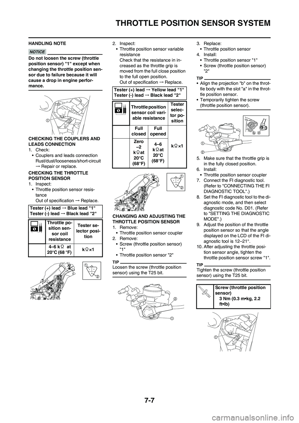 YAMAHA YZ450F 2010 Owners Manual 7-7
THROTTLE POSITION SENSOR SYSTEM
HANDLING NOTE
Do not loosen the screw (throttle
position sensor) "1" except when
changing the throttle position sen-
sor due to failure because it will
cause a d YAMAHA YZ450F 2010 Owners Manual 7-7
THROTTLE POSITION SENSOR SYSTEM
HANDLING NOTE
Do not loosen the screw (throttle
position sensor) "1" except when
changing the throttle position sen-
sor due to failure because it will
cause a d