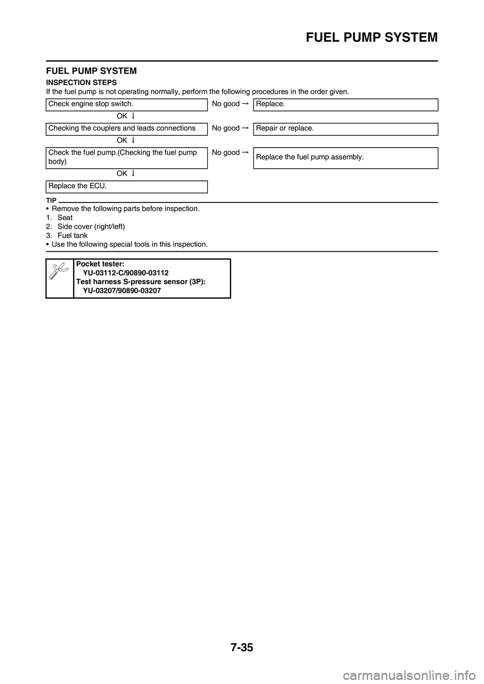YAMAHA YZ450F 2010 Workshop Manual 7-35
FUEL PUMP SYSTEM
FUEL PUMP SYSTEM
INSPECTION STEPS
If the fuel pump is not operating normally, perform the following procedures in the order given.
• Remove the following parts before inspectio YAMAHA YZ450F 2010 Workshop Manual 7-35
FUEL PUMP SYSTEM
FUEL PUMP SYSTEM
INSPECTION STEPS
If the fuel pump is not operating normally, perform the following procedures in the order given.
• Remove the following parts before inspectio