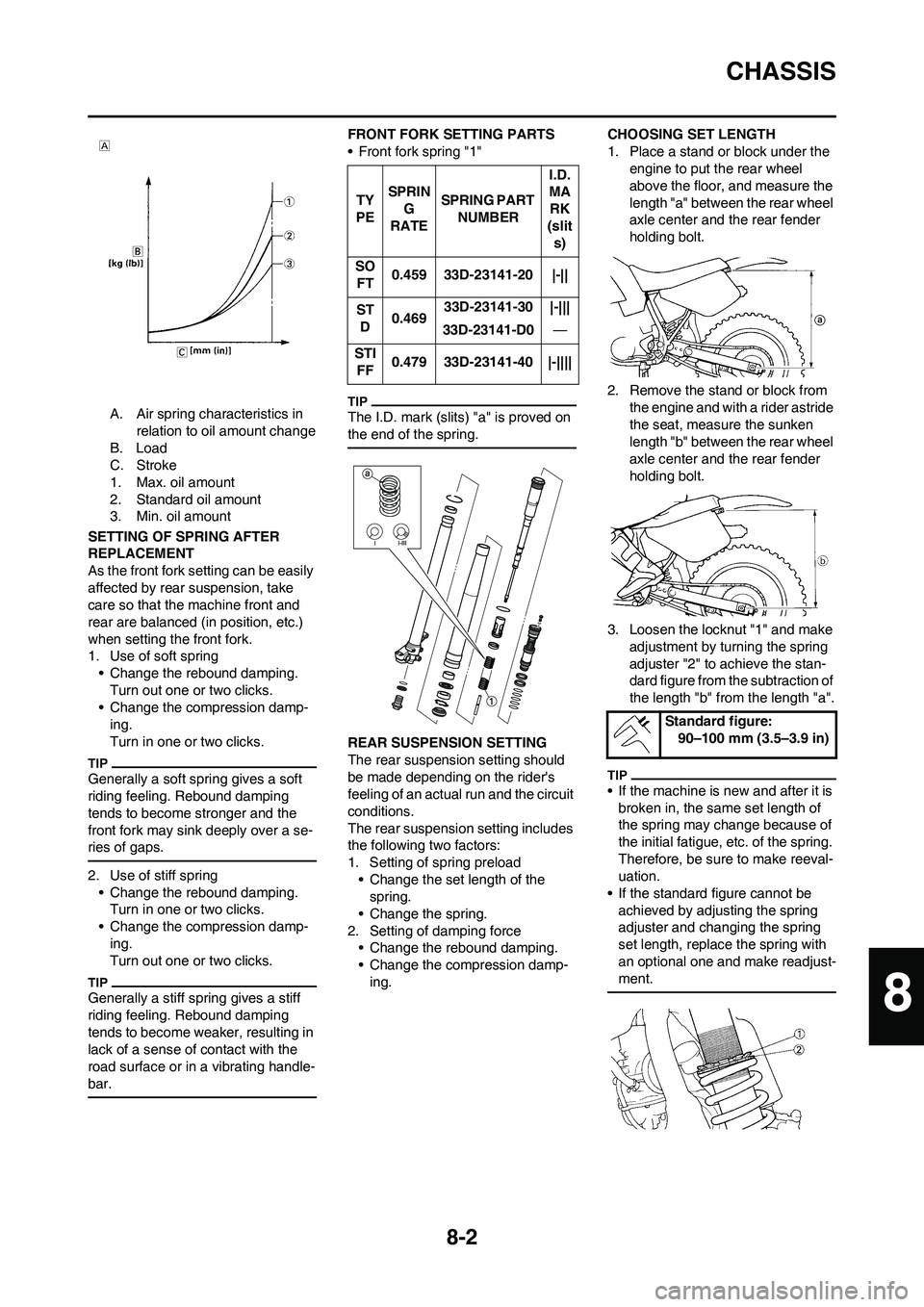 YAMAHA YZ450F 2010 Owners Manual 8-2
CHASSIS
A. Air spring characteristics in
relation to oil amount change
B. Load
C. Stroke
1. Max. oil amount
2. Standard oil amount
3. Min. oil amount
SETTING OF SPRING AFTER
REPLACEMENT
As the f YAMAHA YZ450F 2010 Owners Manual 8-2
CHASSIS
A. Air spring characteristics in
relation to oil amount change
B. Load
C. Stroke
1. Max. oil amount
2. Standard oil amount
3. Min. oil amount
SETTING OF SPRING AFTER
REPLACEMENT
As the f