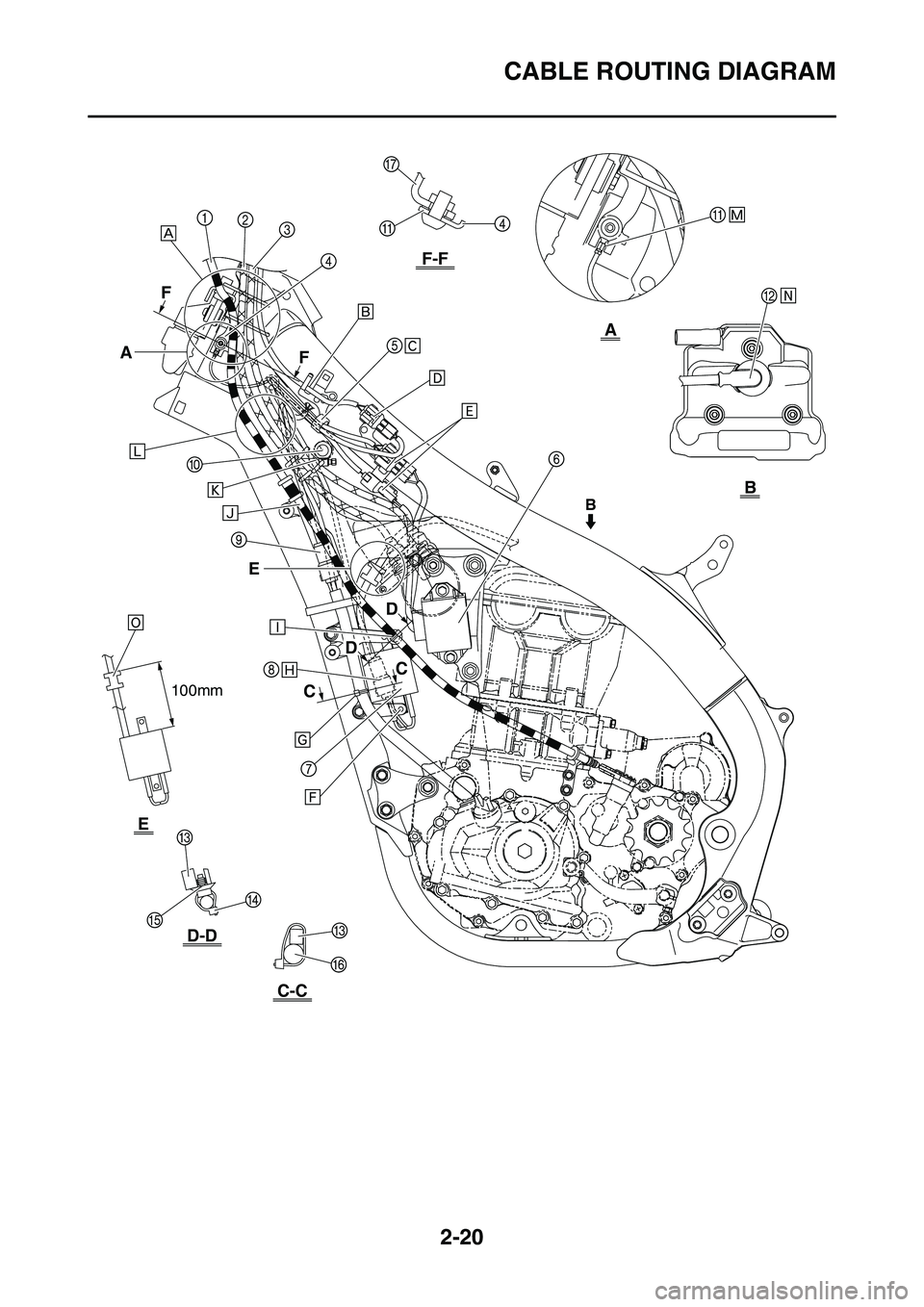 YAMAHA YZ450F 2010 Service Manual 2-20
CABLE ROUTING DIAGRAM
F-F
A
B
D-D
C-C
E
F
F
CC
DD
B
A
E
100mm 