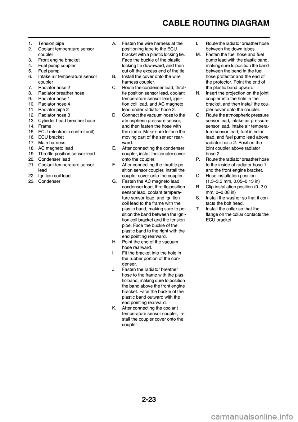 YAMAHA YZ450F 2010 Owners Manual 2-23
CABLE ROUTING DIAGRAM
1. Tension pipe
2. Coolant temperature sensor
coupler
3. Front engine bracket
4. Fuel pump coupler
5. Fuel pump
6. Intake air temperature sensor
coupler
7. Radiator hose 2 YAMAHA YZ450F 2010 Owners Manual 2-23
CABLE ROUTING DIAGRAM
1. Tension pipe
2. Coolant temperature sensor
coupler
3. Front engine bracket
4. Fuel pump coupler
5. Fuel pump
6. Intake air temperature sensor
coupler
7. Radiator hose 2