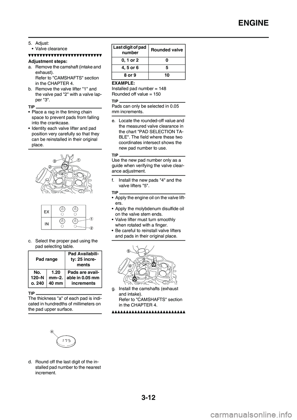 YAMAHA YZ450F 2010 Owners Guide
3-12
ENGINE
5. Adjust:• Valve clearance
Adjustment steps:
a. Remove the camshaft (intake and exhaust).
Refer to "CAMSHAFTS" section
in the CHAPTER 4.
b. Remove the valve lifter "1" and the valve YAMAHA YZ450F 2010 Owners Guide
3-12
ENGINE
5. Adjust:• Valve clearance
Adjustment steps:
a. Remove the camshaft (intake and exhaust).
Refer to "CAMSHAFTS" section
in the CHAPTER 4.
b. Remove the valve lifter "1" and the valve