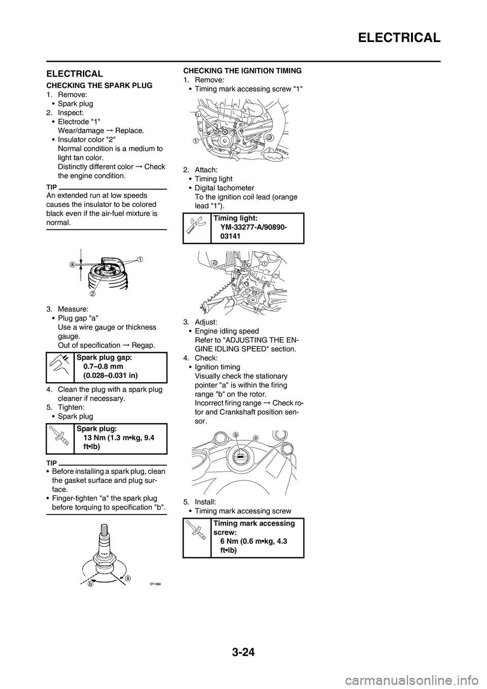 YAMAHA YZ450F 2010 User Guide 3-24
ELECTRICAL
ELECTRICAL
CHECKING THE SPARK PLUG
1. Remove:
• Spark plug
2. Inspect:
• Electrode "1"
Wear/damage→Replace.
• Insulator color "2"
Normal condition is a medium to 
light tan col