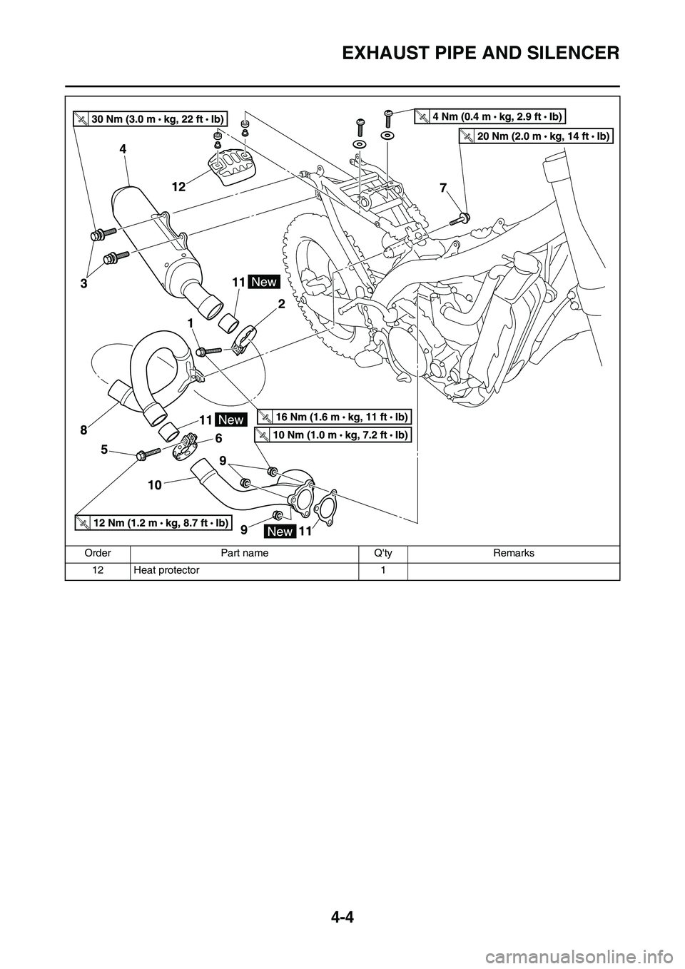 YAMAHA YZ450F 2010 Manual Online 4-4
EXHAUST PIPE AND SILENCER
12 Heat protector 1 Order Part name Qty Remarks YAMAHA YZ450F 2010 Manual Online 4-4
EXHAUST PIPE AND SILENCER
12 Heat protector 1 Order Part name Qty Remarks