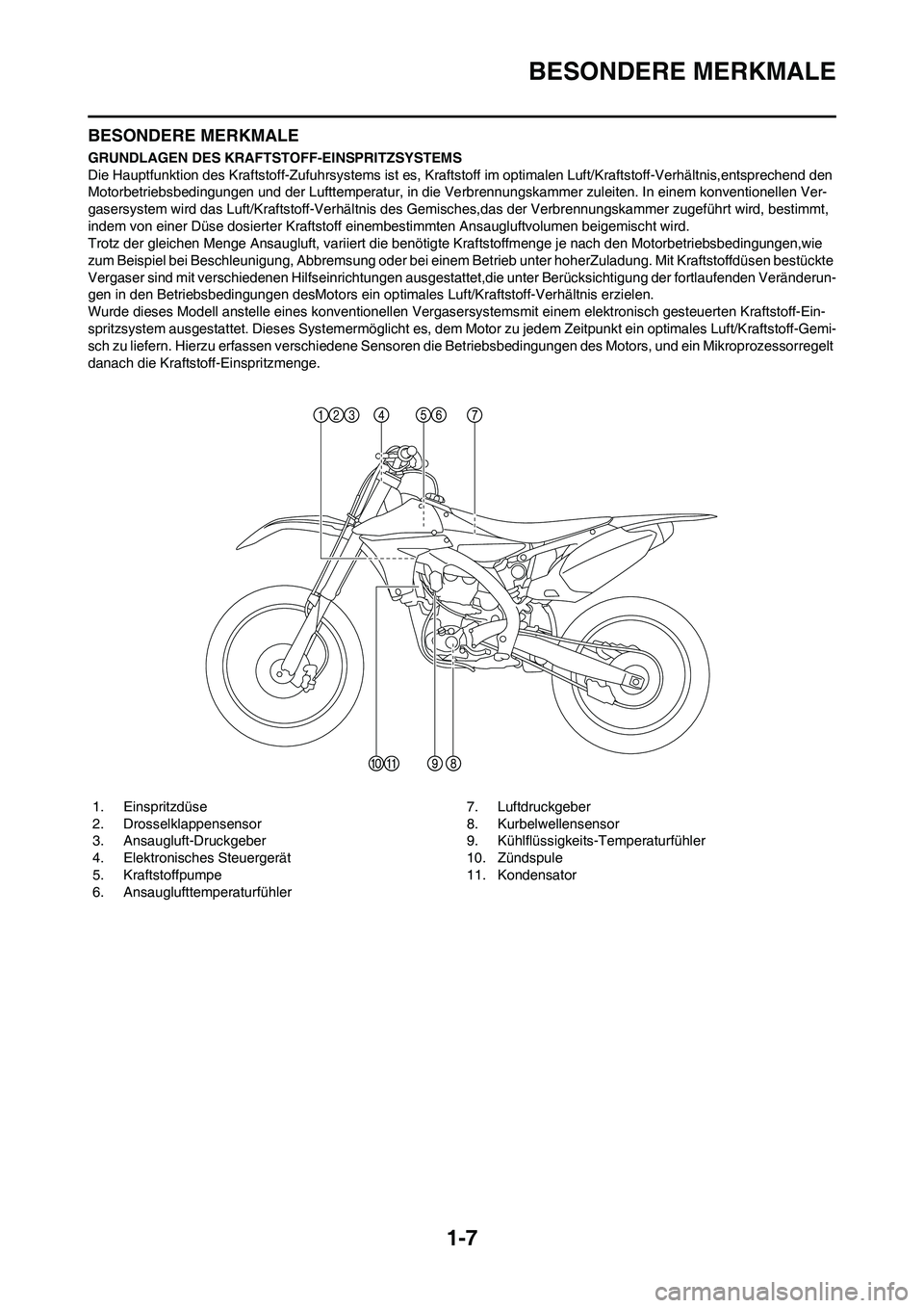 YAMAHA YZ450F 2010  Betriebsanleitungen (in German) 1-7
BESONDERE MERKMALE
BESONDERE MERKMALE
GRUNDLAGEN DES KRAFTSTOFF-EINSPRITZSYSTEMS
Die Hauptfunktion des Kraftstoff-Zufuhrsystems ist es, Kraftstoff im optimalen Luft/Kraftstoff-Verhältnis,entsprec