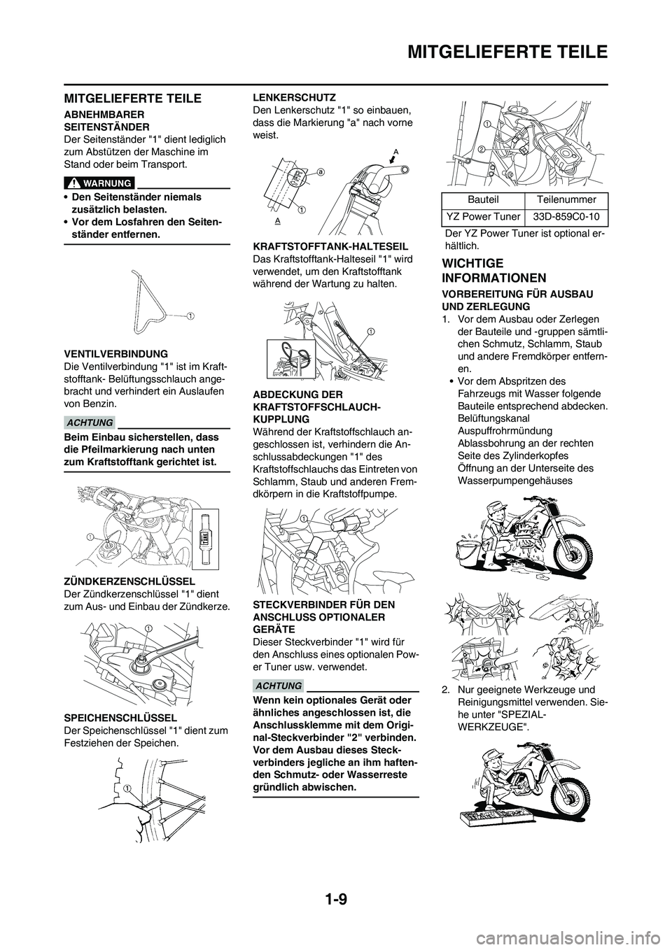 YAMAHA YZ450F 2010  Betriebsanleitungen (in German) 1-9
MITGELIEFERTE TEILE
MITGELIEFERTE TEILE
ABNEHMBARER 
SEITENSTÄNDER
Der Seitenständer "1" dient lediglich 
zum Abstützen der Maschine im 
Stand oder beim Transport.
• Den Seitenständer niemal