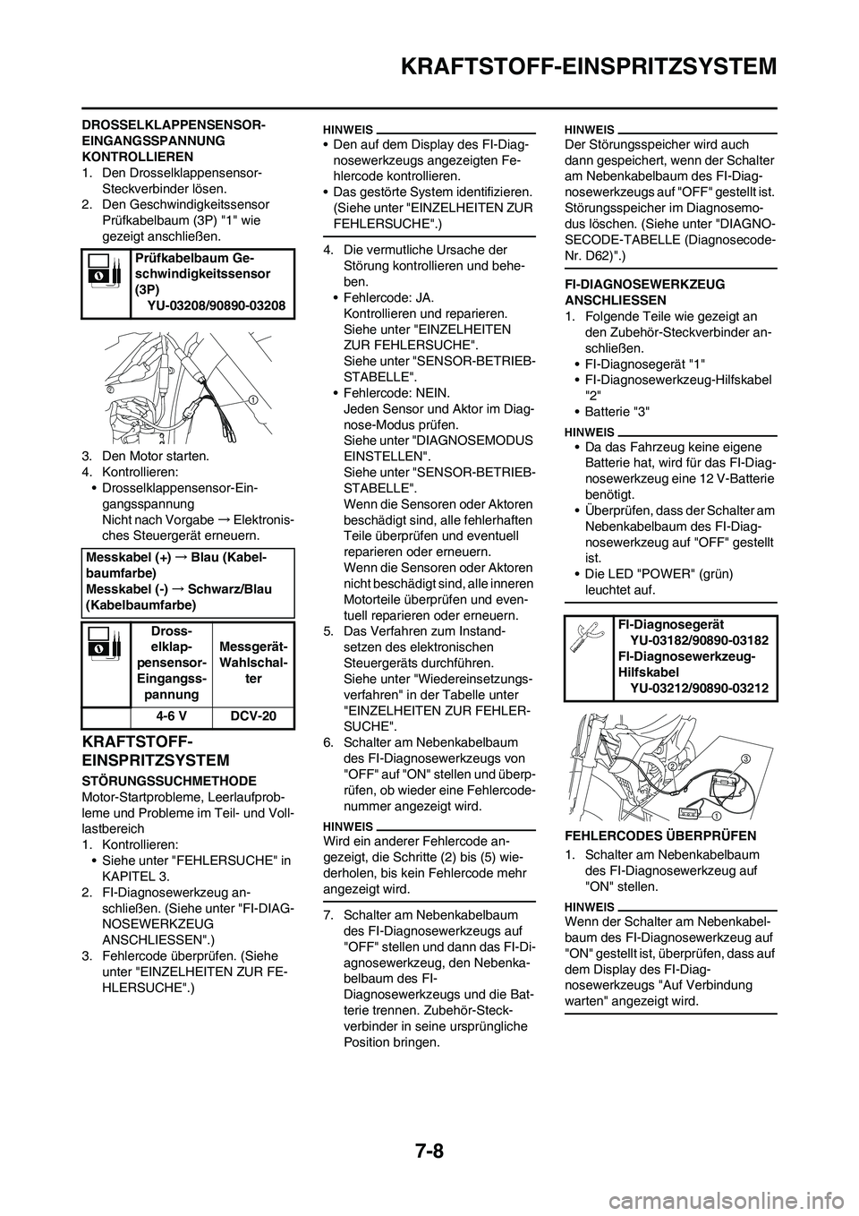 YAMAHA YZ450F 2010  Betriebsanleitungen (in German) 7-8
KRAFTSTOFF-EINSPRITZSYSTEM
DROSSELKLAPPENSENSOR-
EINGANGSSPANNUNG 
KONTROLLIEREN
1. Den Drosselklappensensor- 
Steckverbinder lösen.
2. Den Geschwindigkeitssensor 
Prüfkabelbaum (3P) "1" wie 
ge