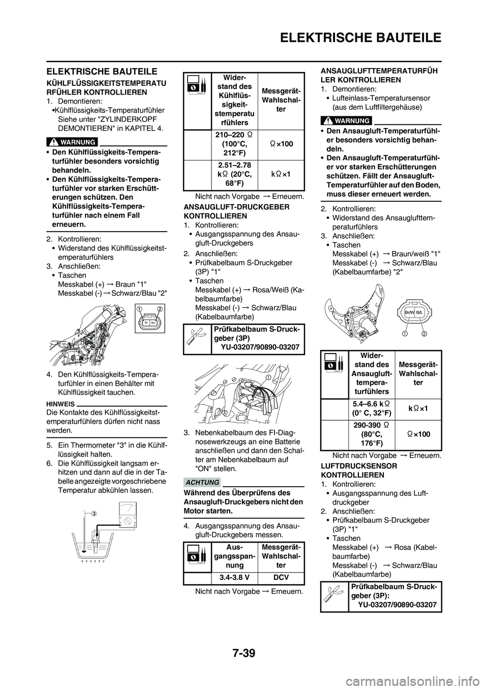 YAMAHA YZ450F 2010  Betriebsanleitungen (in German) 7-39
ELEKTRISCHE BAUTEILE
ELEKTRISCHE BAUTEILE
KÜHLFLÜSSIGKEITSTEMPERATU
RFÜHLER KONTROLLIEREN
1. Demontieren:
•Kühlflüssigkeits-Temperaturfühler
Siehe unter "ZYLINDERKOPF 
DEMONTIEREN" in KAP