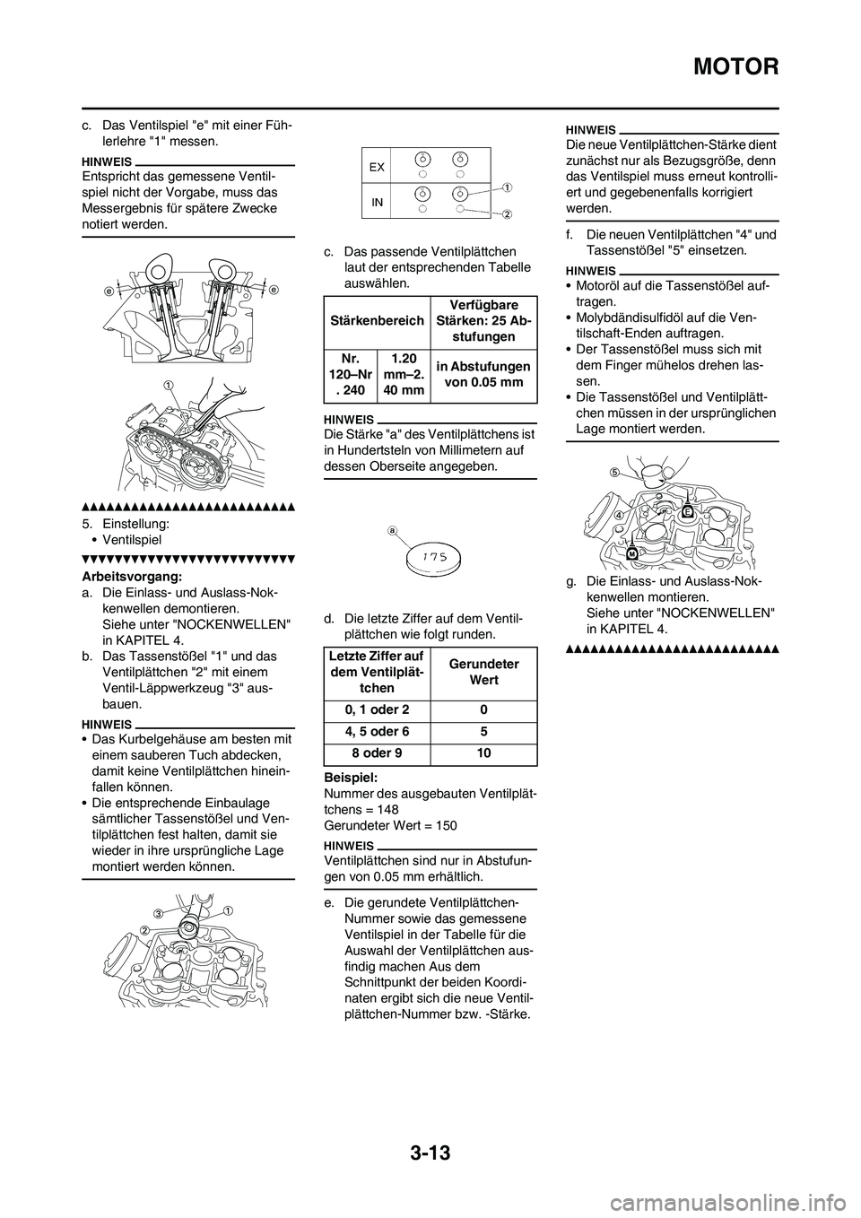 YAMAHA YZ450F 2010 Betriebsanleitungen (in German)
3-13
MOTOR
c. Das Ventilspiel "e" mit einer Füh-lerlehre "1" messen.
Entspricht das gemessene Ventil-
spiel nicht der Vorgabe, muss das
Messergebnis für spätere Zwecke
notiert werden.
5. Einstel YAMAHA YZ450F 2010 Betriebsanleitungen (in German)
3-13
MOTOR
c. Das Ventilspiel "e" mit einer Füh-lerlehre "1" messen.
Entspricht das gemessene Ventil-
spiel nicht der Vorgabe, muss das
Messergebnis für spätere Zwecke
notiert werden.
5. Einstel