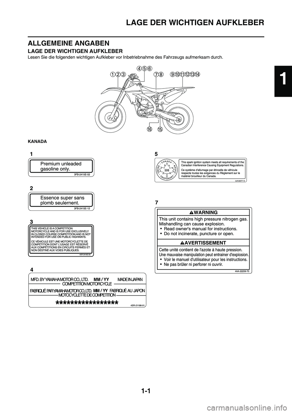 YAMAHA YZ450F 2010 Betriebsanleitungen (in German) 1-1
LAGE DER WICHTIGEN AUFKLEBER
ALLGEMEINE ANGABEN
LAGE DER WICHTIGEN AUFKLEBER
Lesen Sie die folgenden wichtigen Aufkleber vor Inbetriebnahme des Fahrzeugs aufmerksam durch.
KANADA
1 YAMAHA YZ450F 2010 Betriebsanleitungen (in German) 1-1
LAGE DER WICHTIGEN AUFKLEBER
ALLGEMEINE ANGABEN
LAGE DER WICHTIGEN AUFKLEBER
Lesen Sie die folgenden wichtigen Aufkleber vor Inbetriebnahme des Fahrzeugs aufmerksam durch.
KANADA
1