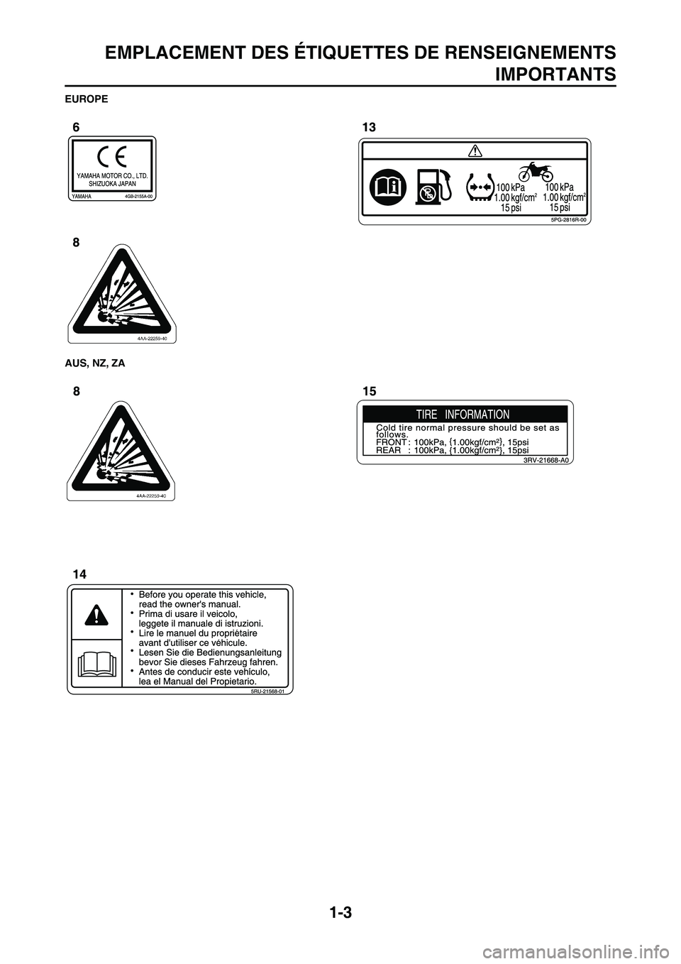 YAMAHA YZ450F 2010  Notices Demploi (in French) 1-3
EMPLACEMENT DES ÉTIQUETTES DE RENSEIGNEMENTS
IMPORTANTS
EUROPE
AUS, NZ, ZA 