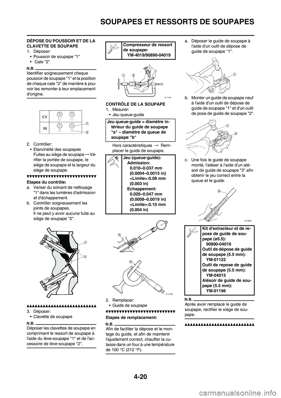 YAMAHA YZ450F 2010 Notices Demploi (in French) 4-20
SOUPAPES ET RESSORTS DE SOUPAPES
DÉPOSE DU POUSSOIR ET DE LA
CLAVETTE DE SOUPAPE
1. Déposer:
• Poussoir de soupape "1"
• Cale "2"
Identifier soigneusement chaque
poussoir de soupape "1" YAMAHA YZ450F 2010 Notices Demploi (in French) 4-20
SOUPAPES ET RESSORTS DE SOUPAPES
DÉPOSE DU POUSSOIR ET DE LA
CLAVETTE DE SOUPAPE
1. Déposer:
• Poussoir de soupape "1"
• Cale "2"
Identifier soigneusement chaque
poussoir de soupape "1"