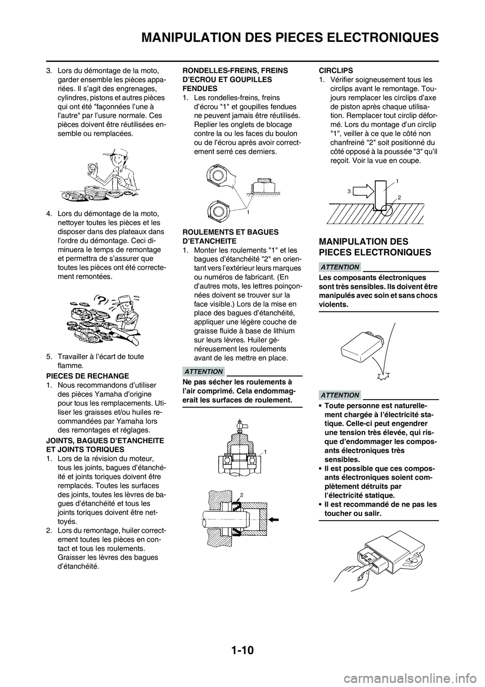 YAMAHA YZ450F 2010  Notices Demploi (in French) 1-10
MANIPULATION DES PIECES ELECTRONIQUES
3. Lors du démontage de la moto, 
garder ensemble les pièces appa-
riées. Il s’agit des engrenages, 
cylindres, pistons et autres pièces 
qui ont été