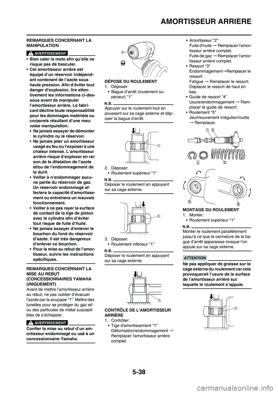 YAMAHA YZ450F 2010  Notices Demploi (in French) 5-38
AMORTISSEUR ARRIERE
REMARQUES CONCERNANT LA 
MANIPULATION
• Bien caler la moto afin qu’elle ne 
risque pas de basculer.
• Cet amortisseur arrière est 
équipé d’un réservoir indépend-