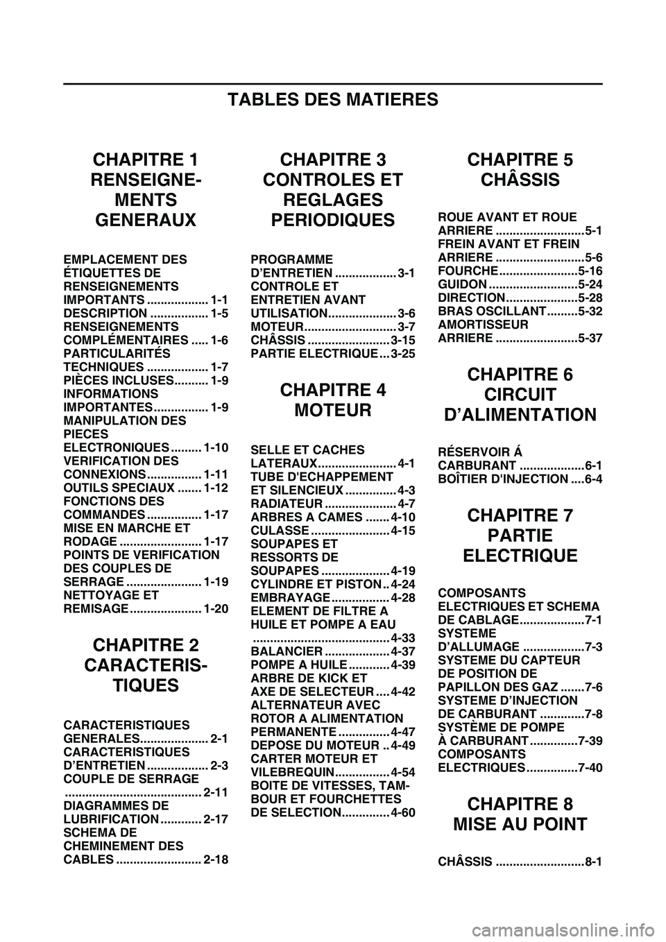 YAMAHA YZ450F 2010  Notices Demploi (in French) TABLES DES MATIERES
CHAPITRE 1
RENSEIGNE-
MENTS 
GENERAUX
EMPLACEMENT DES 
ÉTIQUETTES DE 
RENSEIGNEMENTS 
IMPORTANTS .................. 1-1
DESCRIPTION ................. 1-5
RENSEIGNEMENTS 
COMPLÉME