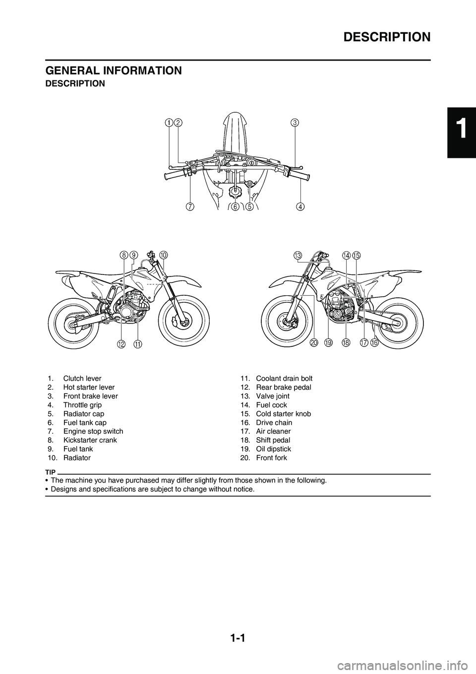 YAMAHA YZ450F 2009  Owners Manual 1-1
DESCRIPTION
GENERAL INFORMATION
DESCRIPTION
• The machine you have purchased may differ slightly from those shown in the following.
• Designs and specifications are subject to change without n