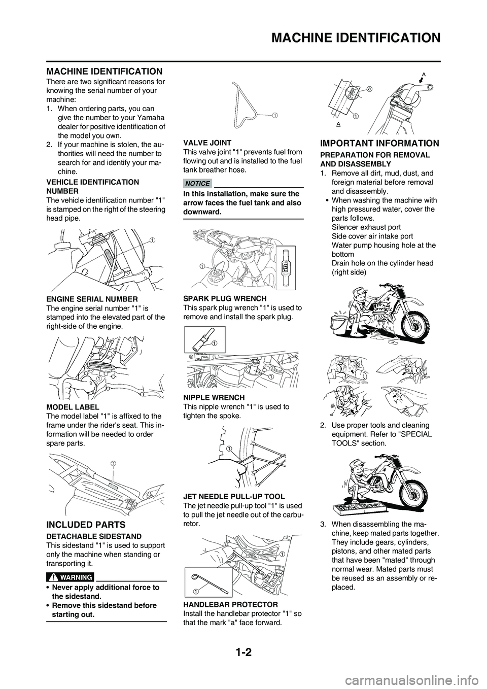 YAMAHA YZ450F 2009 User Guide 1-2
MACHINE IDENTIFICATION
MACHINE IDENTIFICATION
There are two significant reasons for
knowing the serial number of your
machine:
1. When ordering parts, you can
give the number to your Yamaha
de YAMAHA YZ450F 2009 User Guide 1-2
MACHINE IDENTIFICATION
MACHINE IDENTIFICATION
There are two significant reasons for
knowing the serial number of your
machine:
1. When ordering parts, you can
give the number to your Yamaha
de